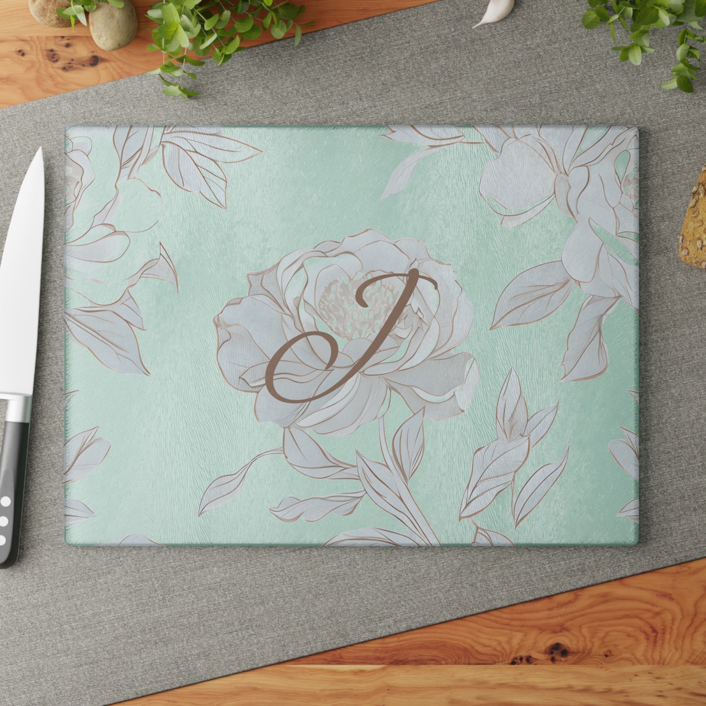 Personalized Floral Glass Cutting Board- Letter J