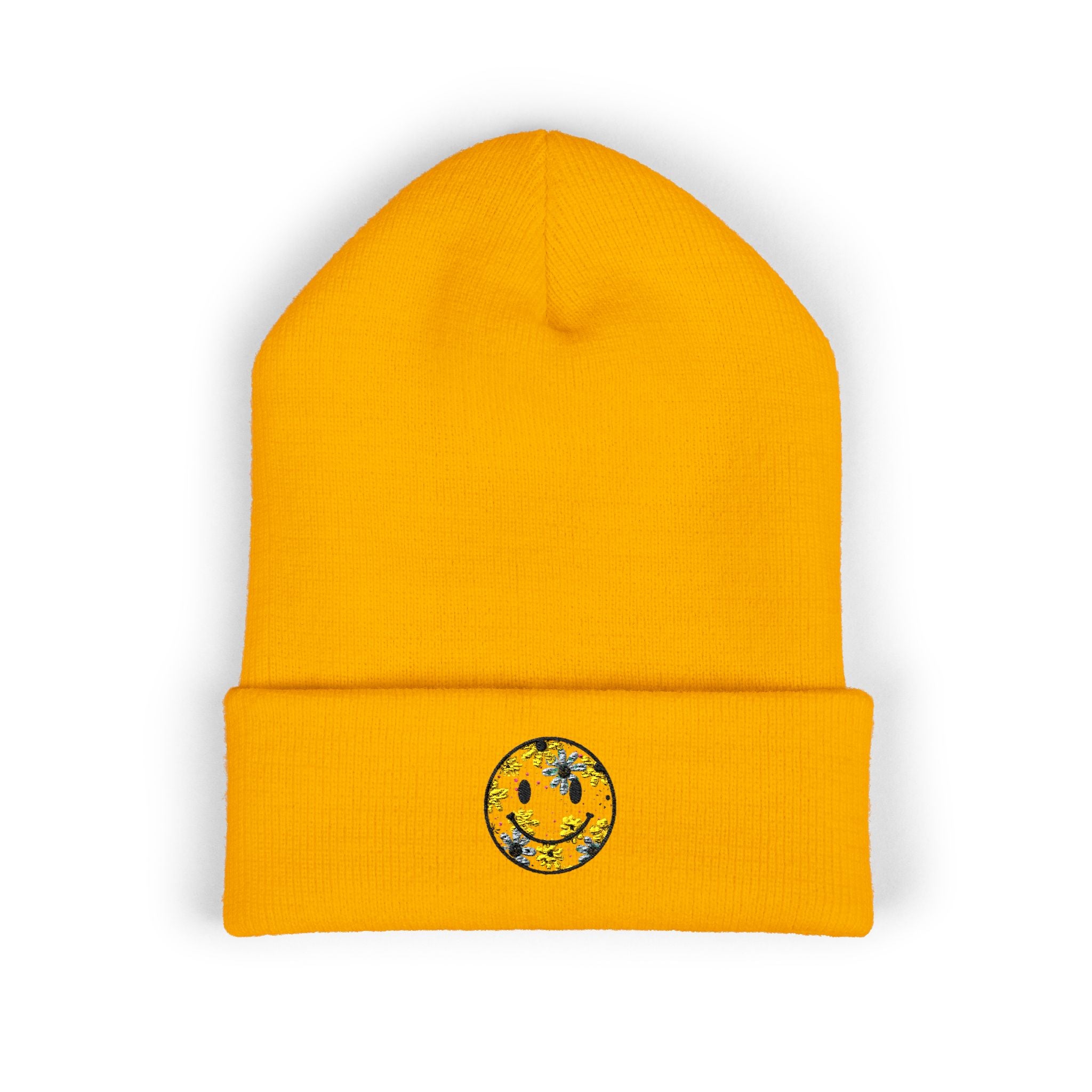 Smiley Daisy Embroidered Beanie — Cute Floral Smile Patch Cuffed Hat