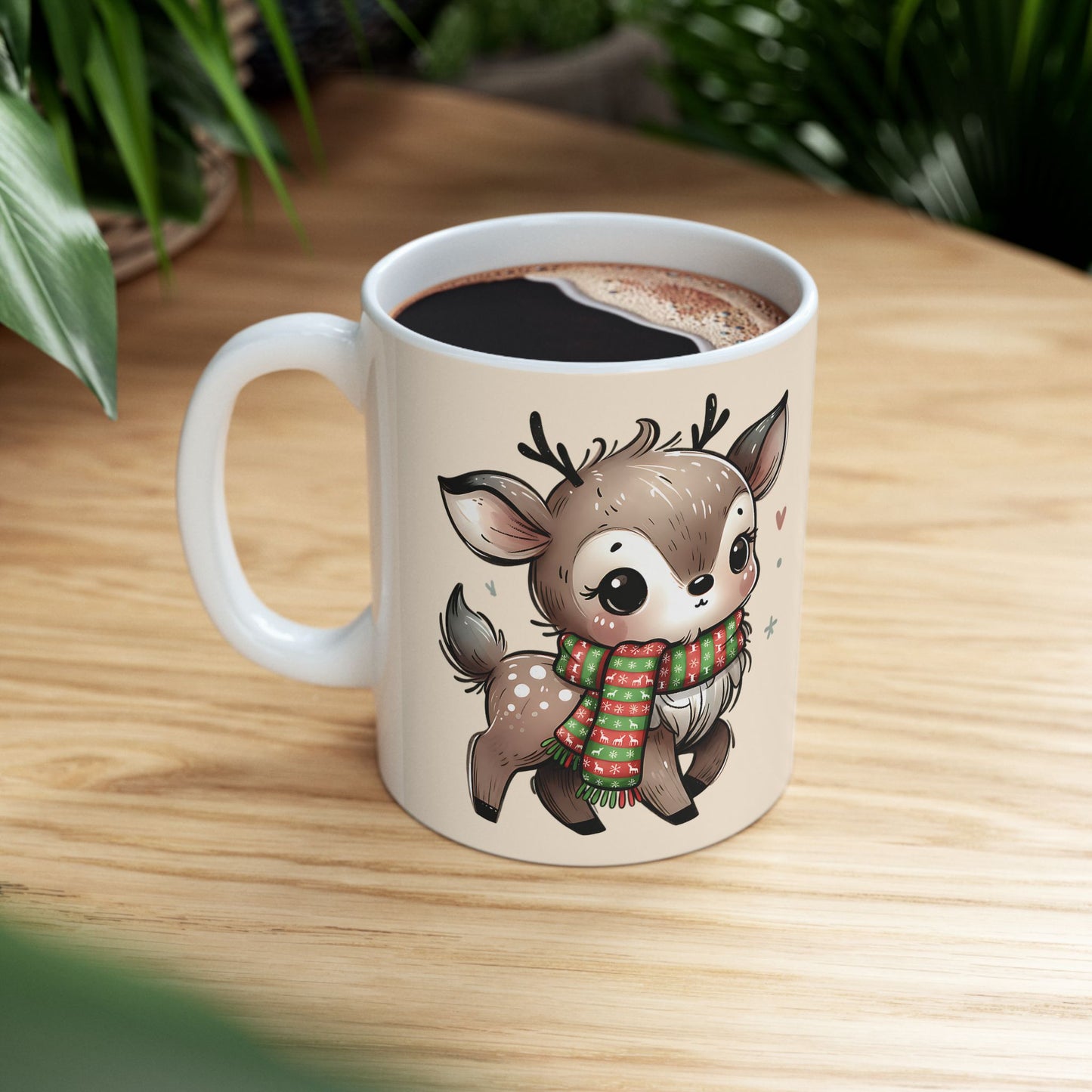 Cute Reindeer Mug — Christmas Deer Ceramic Coffee Cup (11oz & 15oz)
