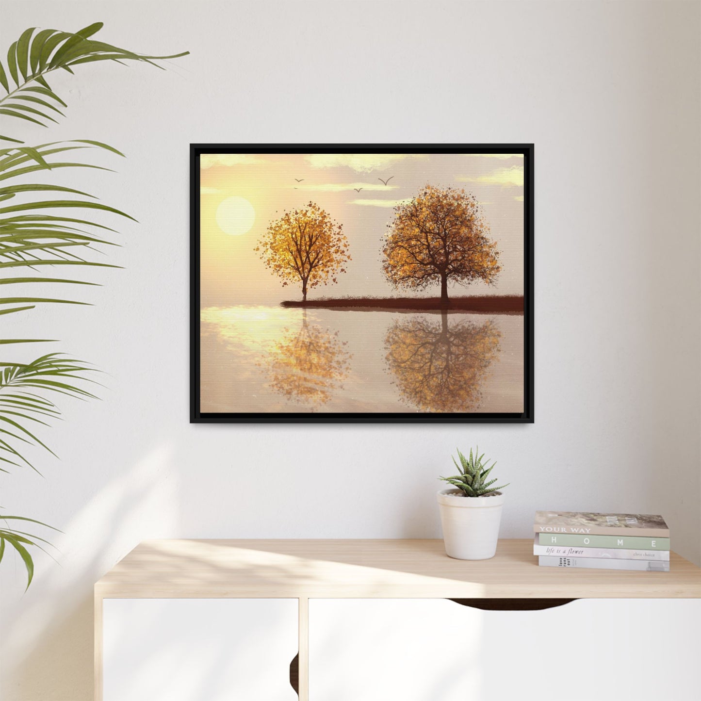 Framed Matte Canvas Wall Art — Golden Autumn Trees Reflection