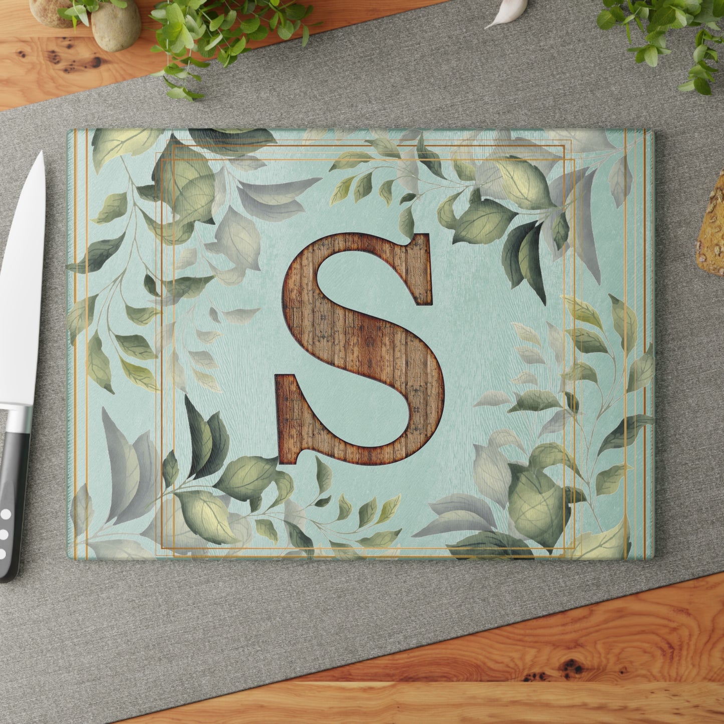 Monogram S Glass Cutting Board — Rustic Wood Initial with Greenery