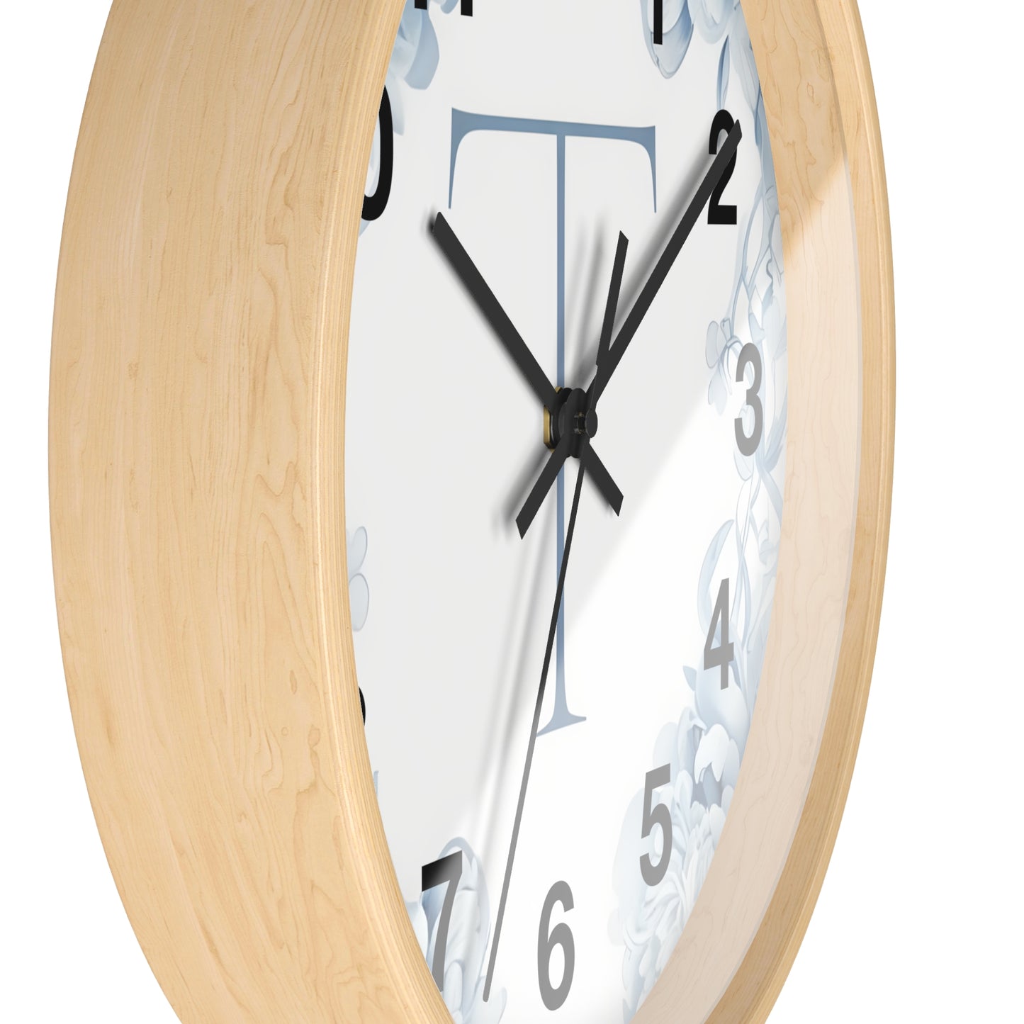 Monogram T Floral Wall Clock — Elegant Blue Initial T Home Decor