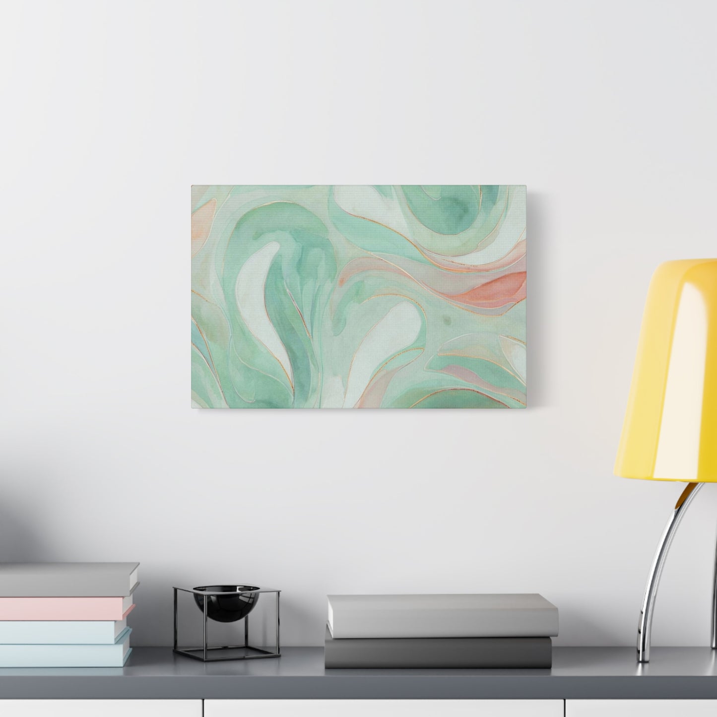 Abstract Green Marble Canvas Print — Teal & Coral Swirl Wall Art