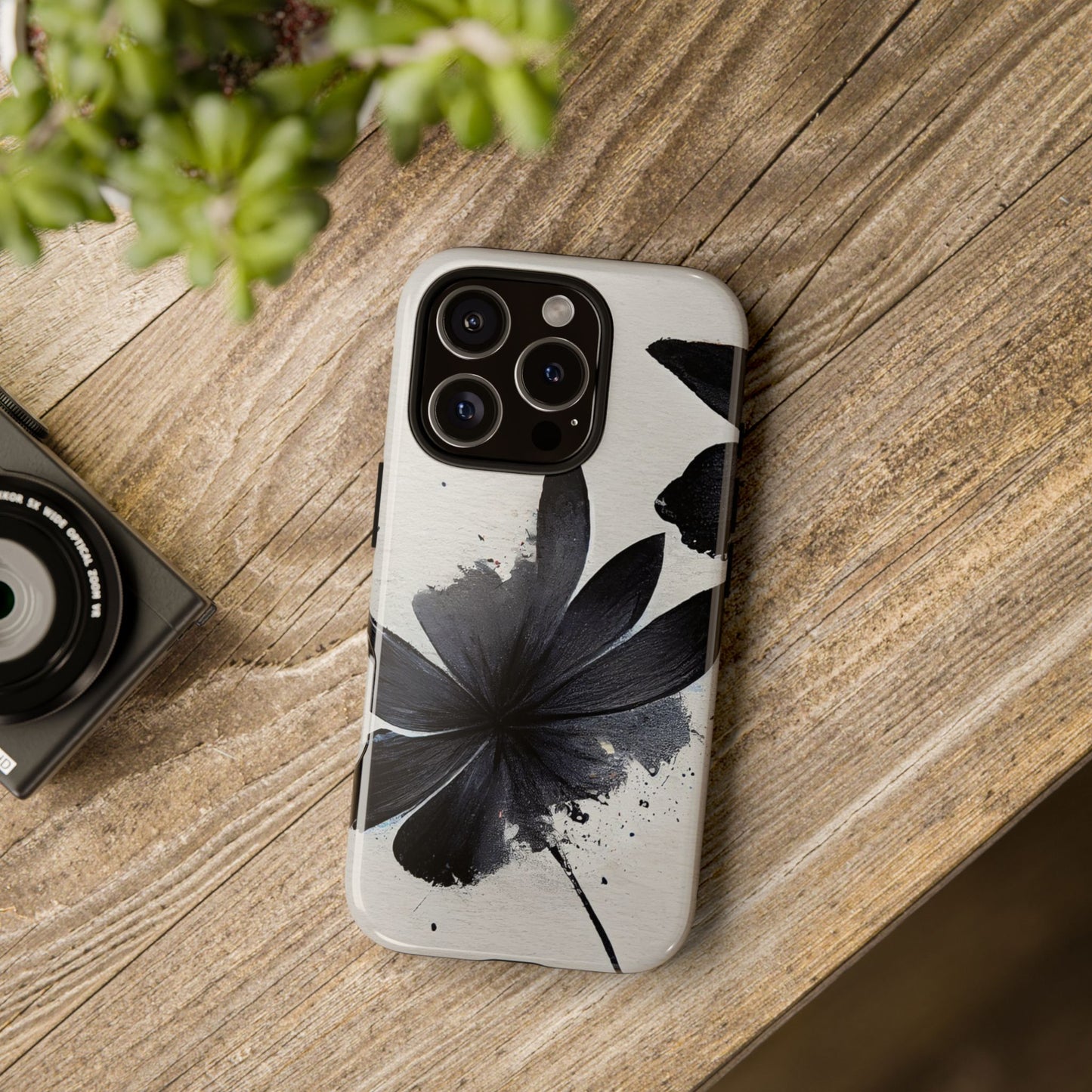 Monochrome Floral Tough Phone Case — Black Ink Flower Protective Cover