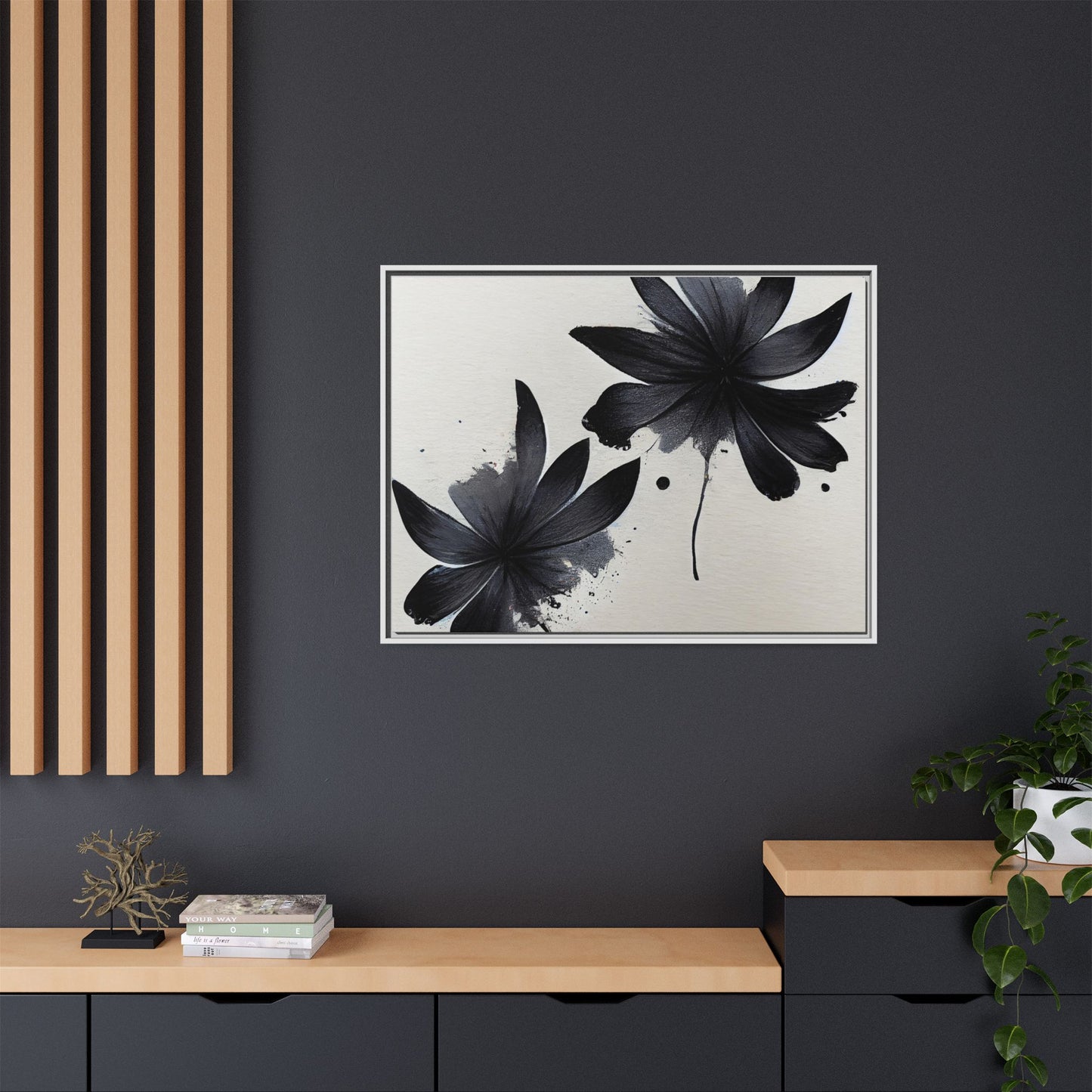 Framed Black Floral Matte Canvas Wall Art — Monochrome Botanical Print