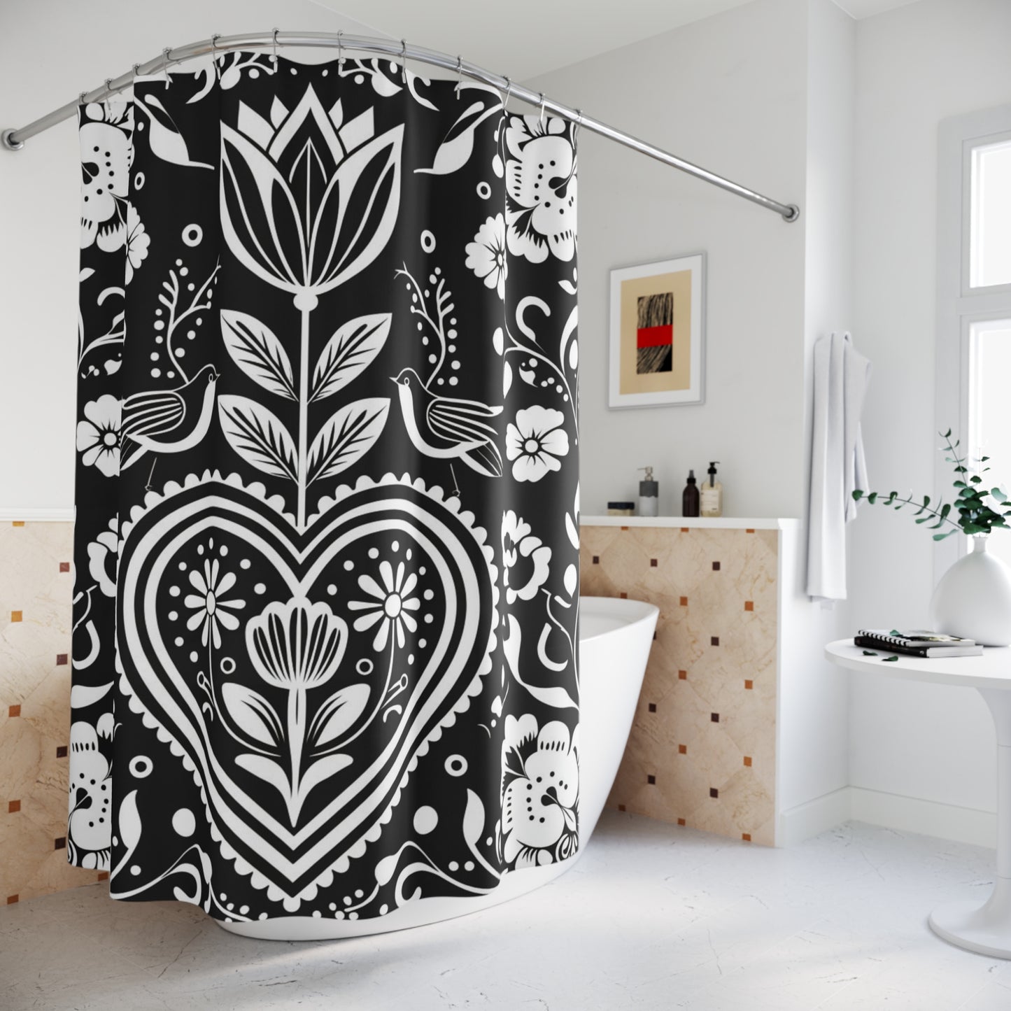 Folk Heart Black & White Shower Curtain — Scandinavian Floral Tulip Design