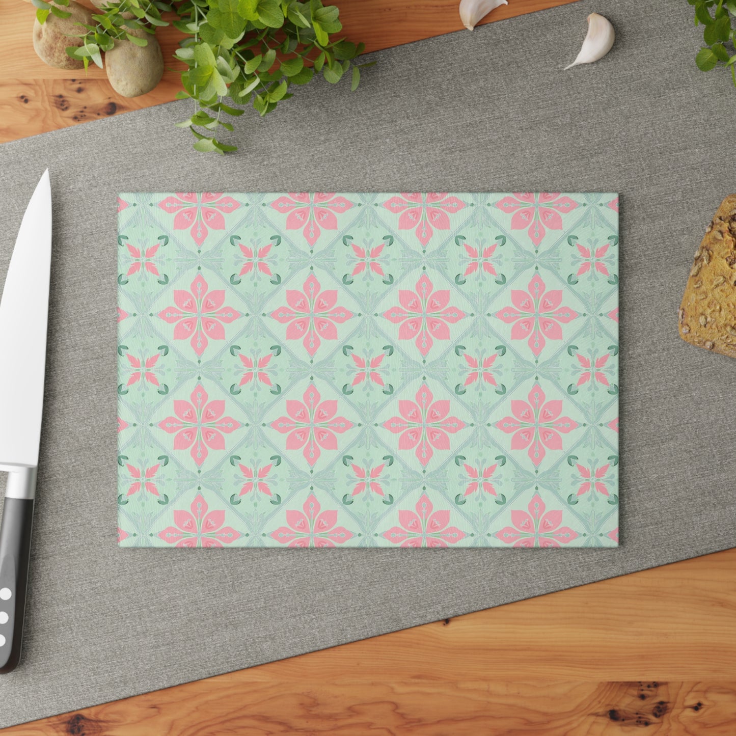 Glass Cutting Board – Pastel Pink & Mint Tile Pattern Kitchen Board