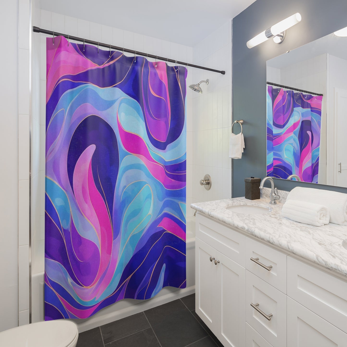 Abstract Ocean Waves Shower Curtain — Blue & Pink Swirl Bathroom Decor