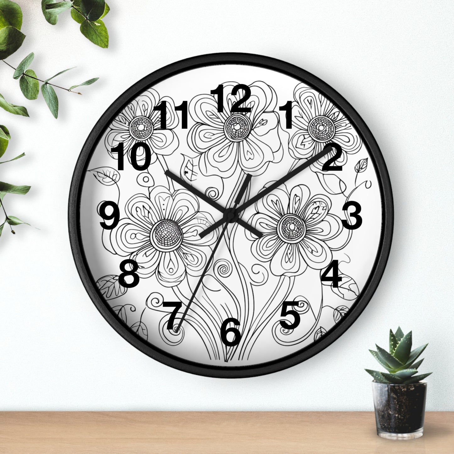 Floral Doodle Wall Clock — Black & White Hand-Drawn Flower Timepiece