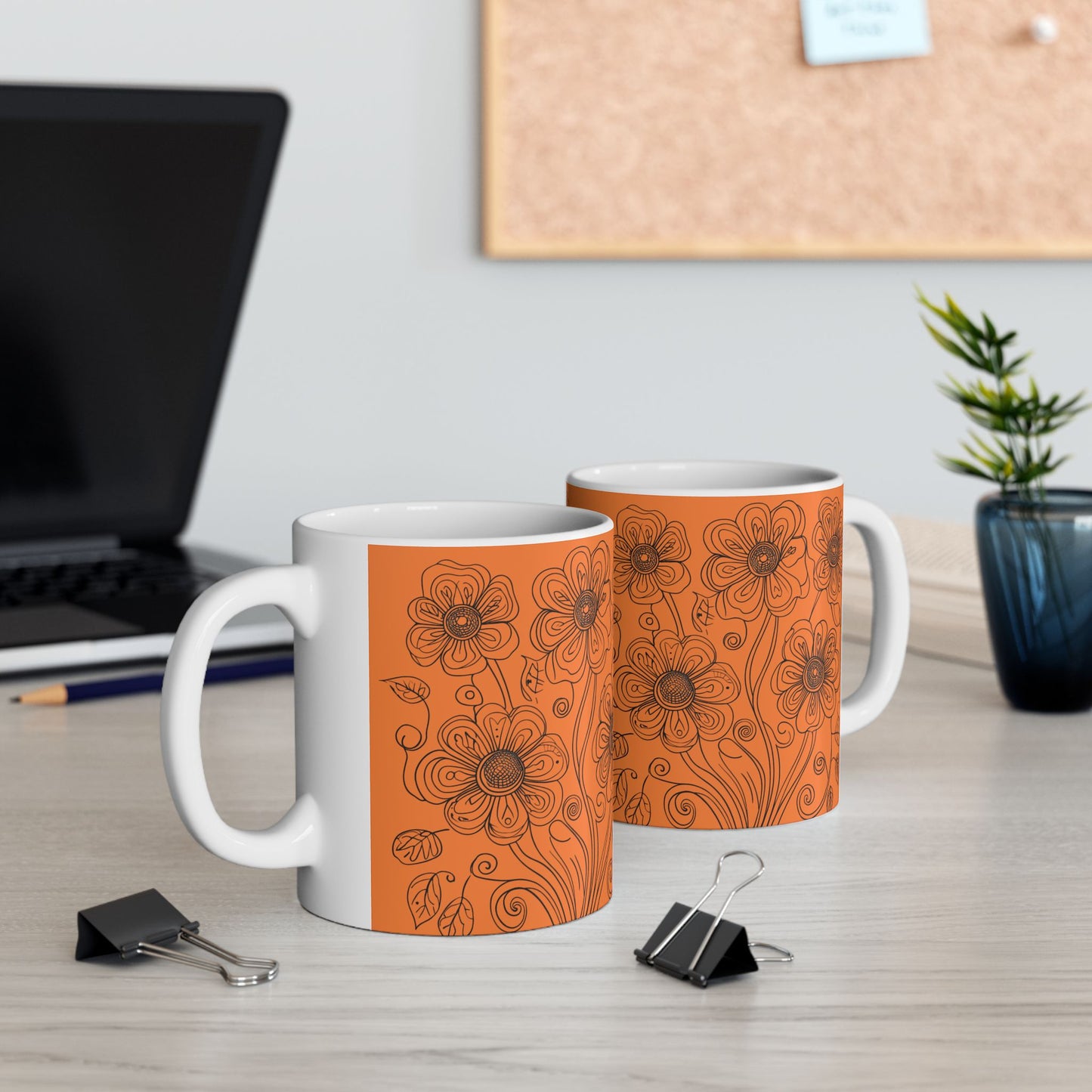 Orange Floral Ceramic Mug — Hand-Drawn Flower Pattern Coffee Tea Cup (11oz, 15oz)