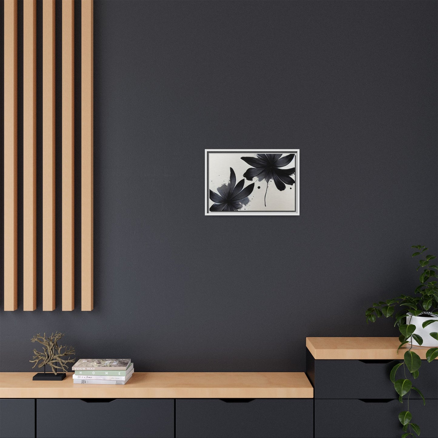 Framed Black Floral Matte Canvas Wall Art — Monochrome Botanical Print