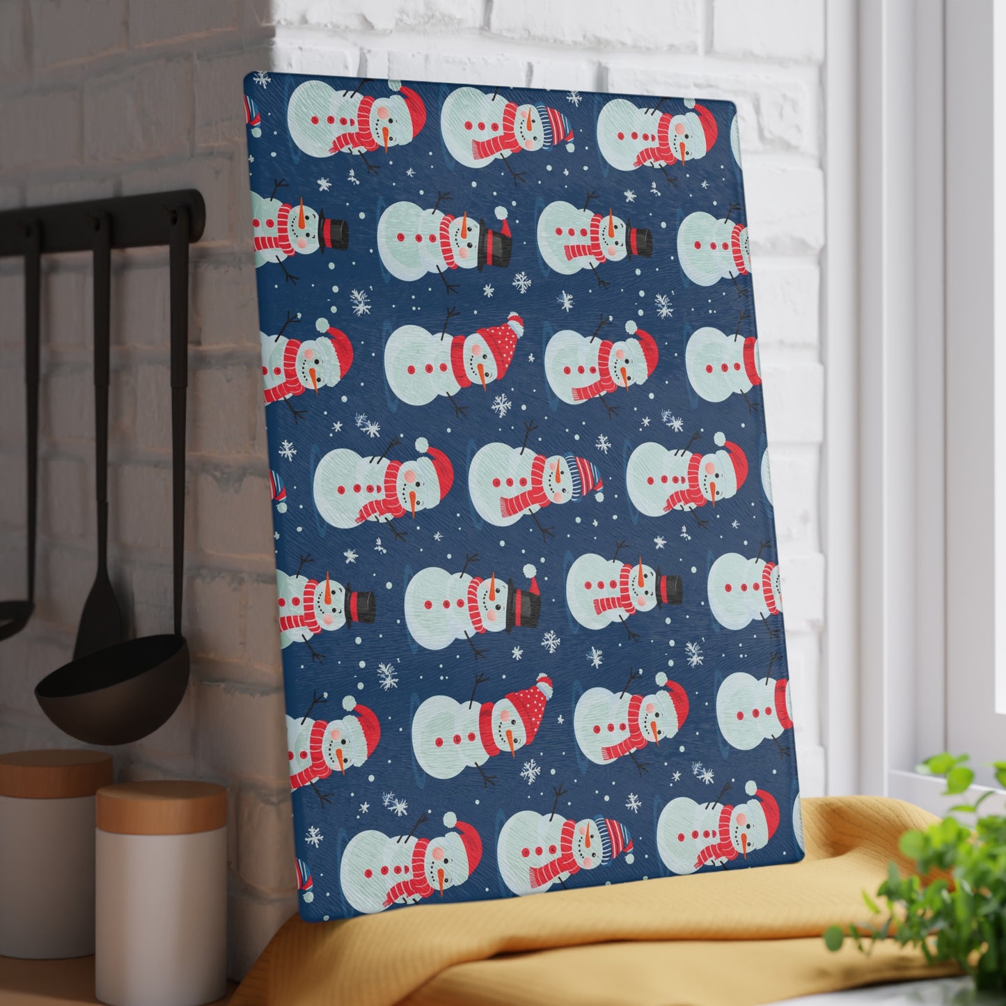 Snowman Pattern Glass Cutting Board — Festive Holiday Kitchen Decor