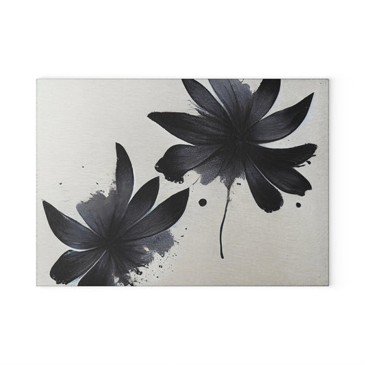Glass Cutting Board — Black Floral Ink Splash Design