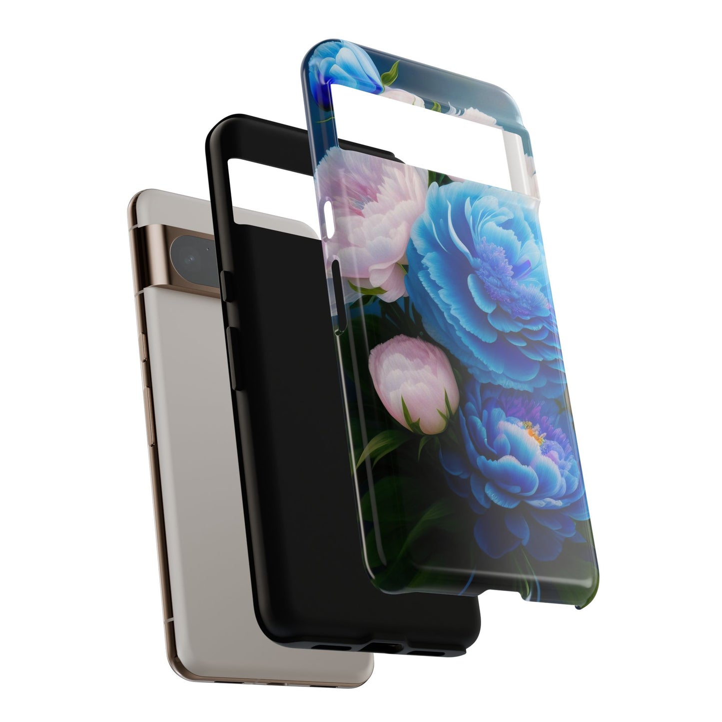 Floral Blue Peony Phone Case — Protective Tough Case with Pink & Blue Blooms