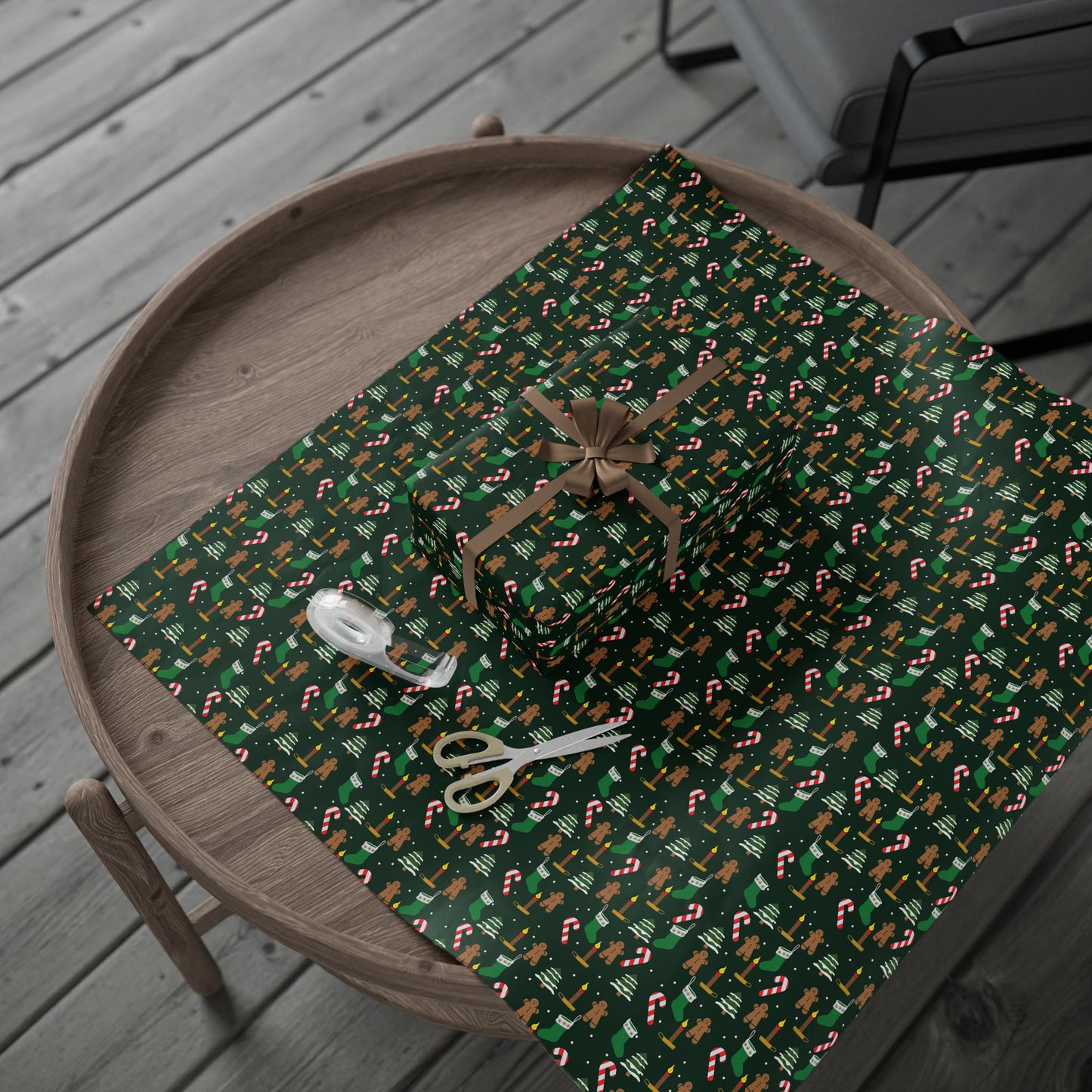 Christmas Wrapping Paper Roll — Gingerbread & Candy Cane Pattern on Dark Green