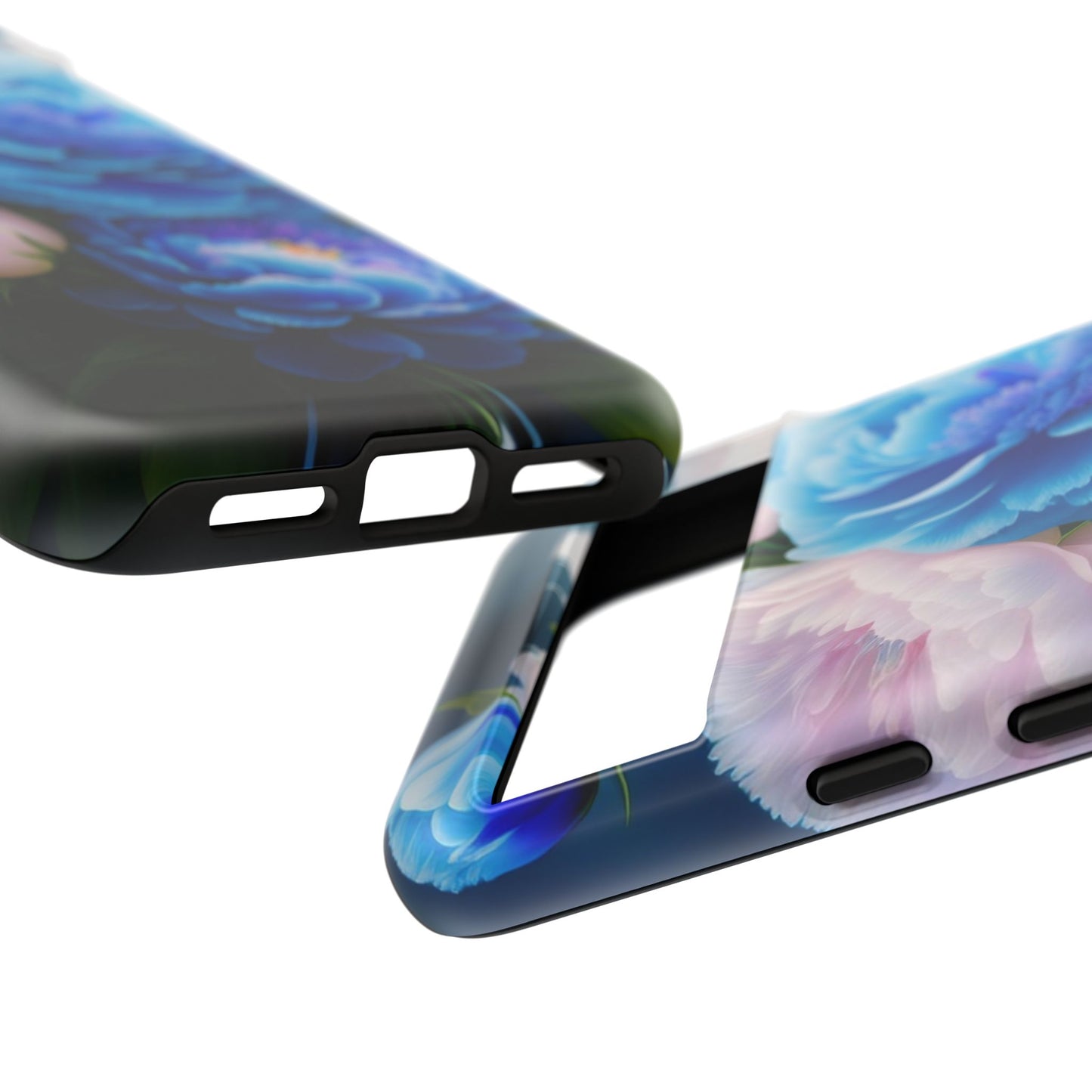 Floral Blue Peony Phone Case — Protective Tough Case with Pink & Blue Blooms