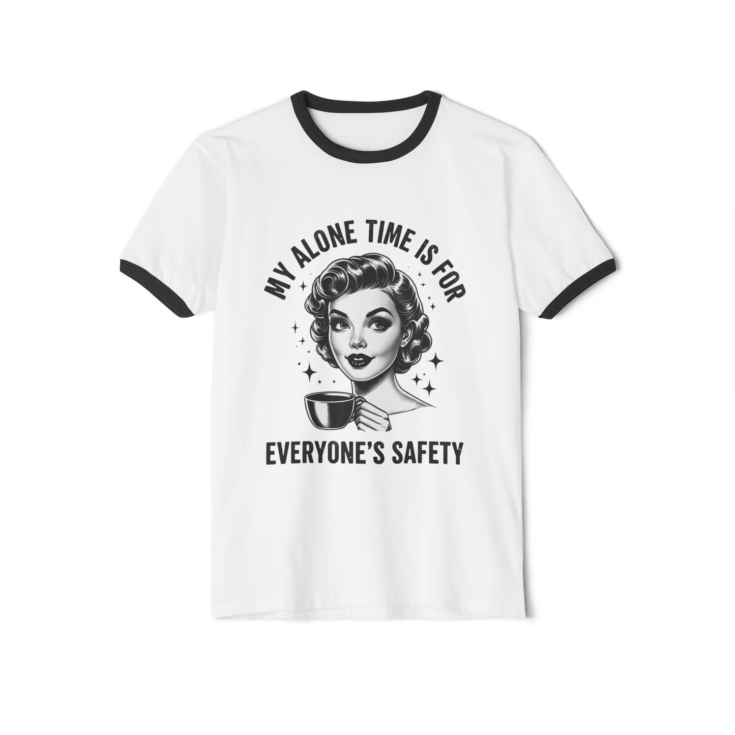 Vintage Retro Ringer T‑Shirt — “My Alone Time Is For Everyone’s Safety” Coffee Graphic