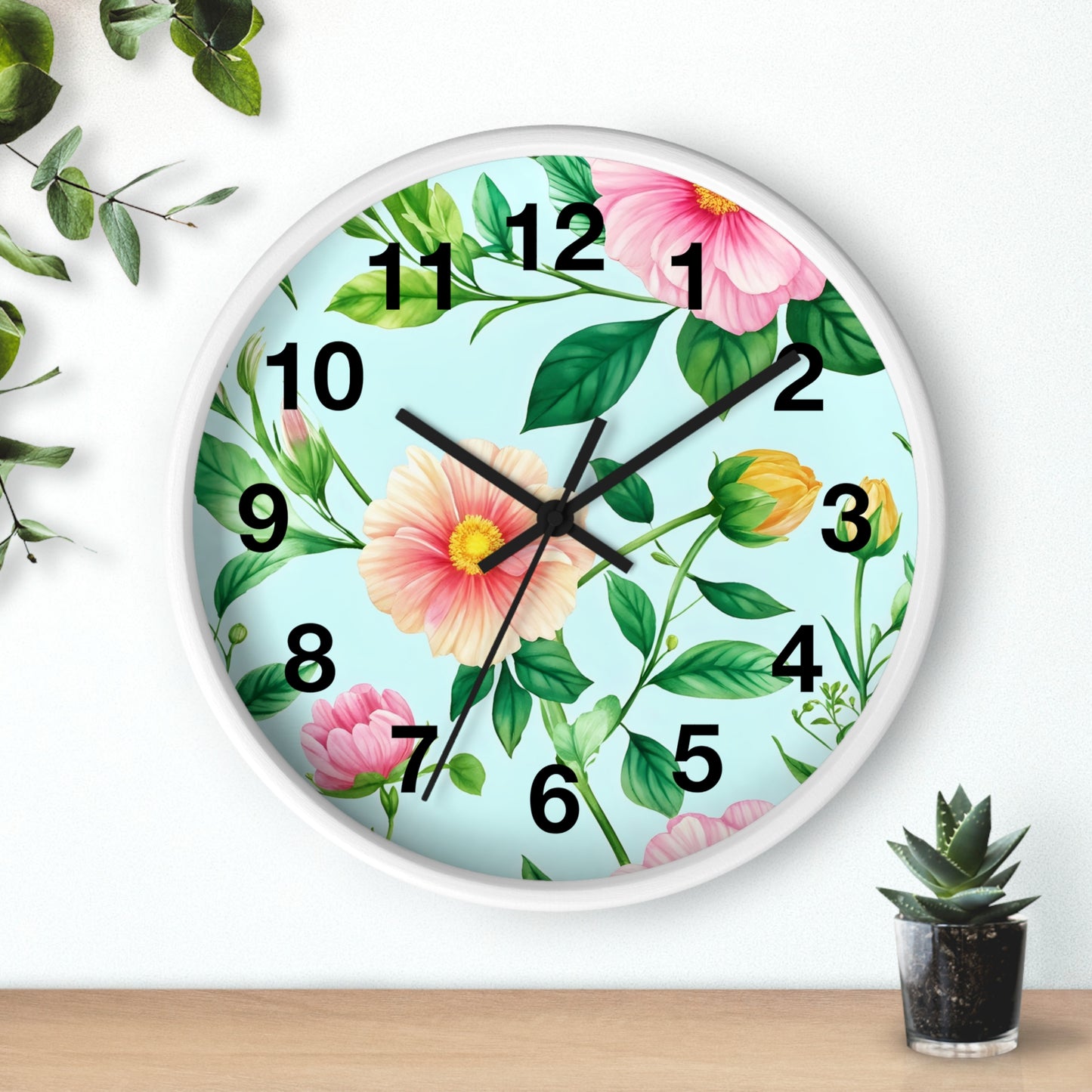 Floral Cottage Wall Clock — Pastel Pink & Green Garden Design