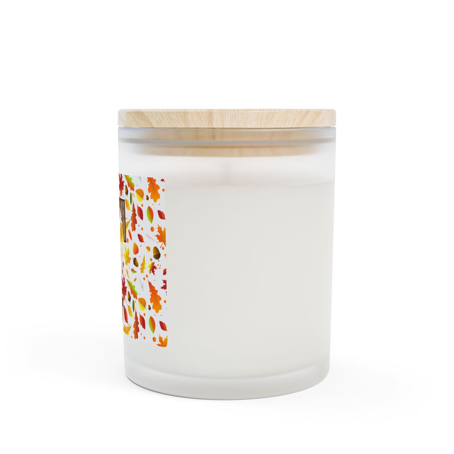 Autumn Leaves Monogram Candle — Frosted 11oz Soy Candle with Wood 'T' Initial