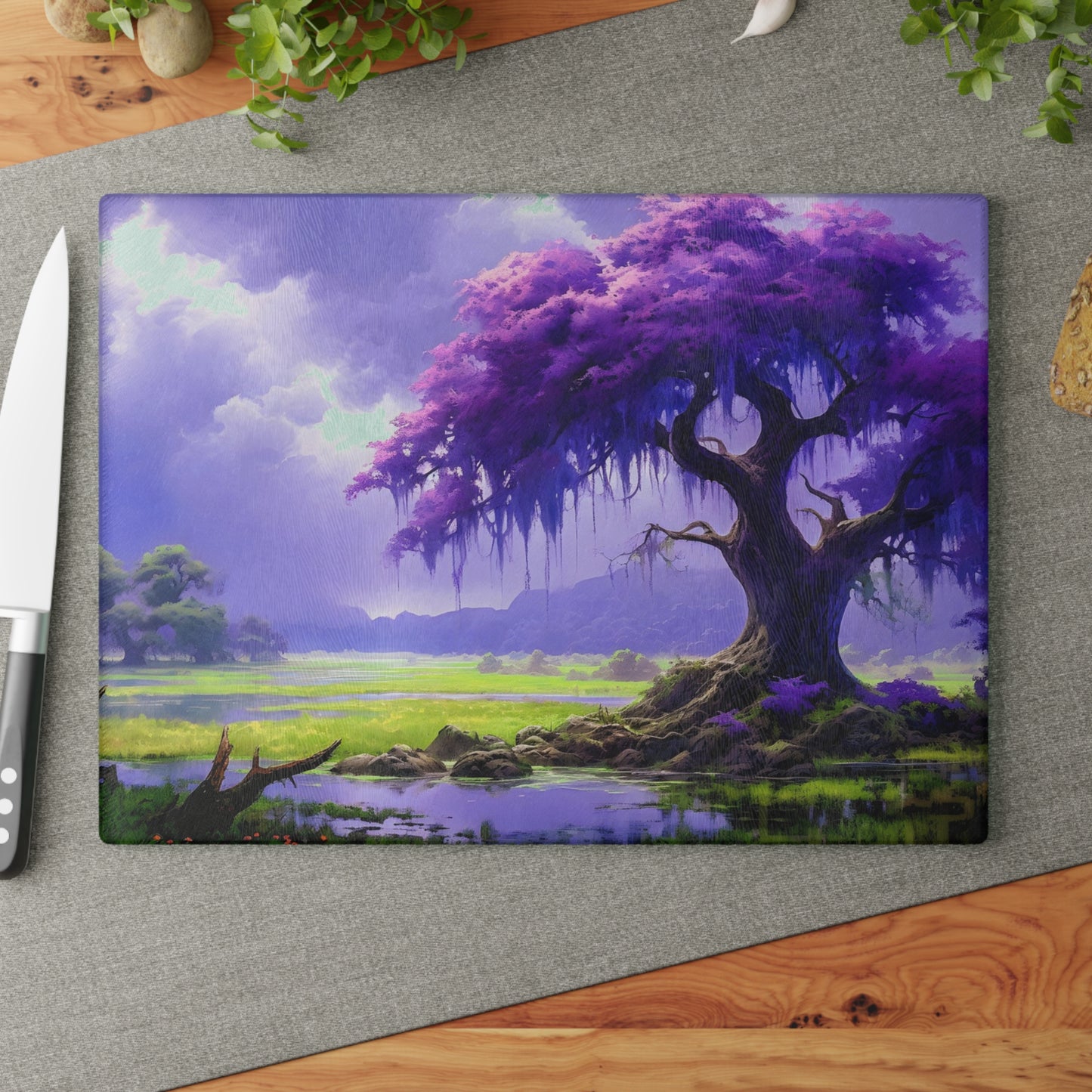 Purple Fantasy Tree Glass Cutting Board — Decorative Kitchen Glass Chopping Board