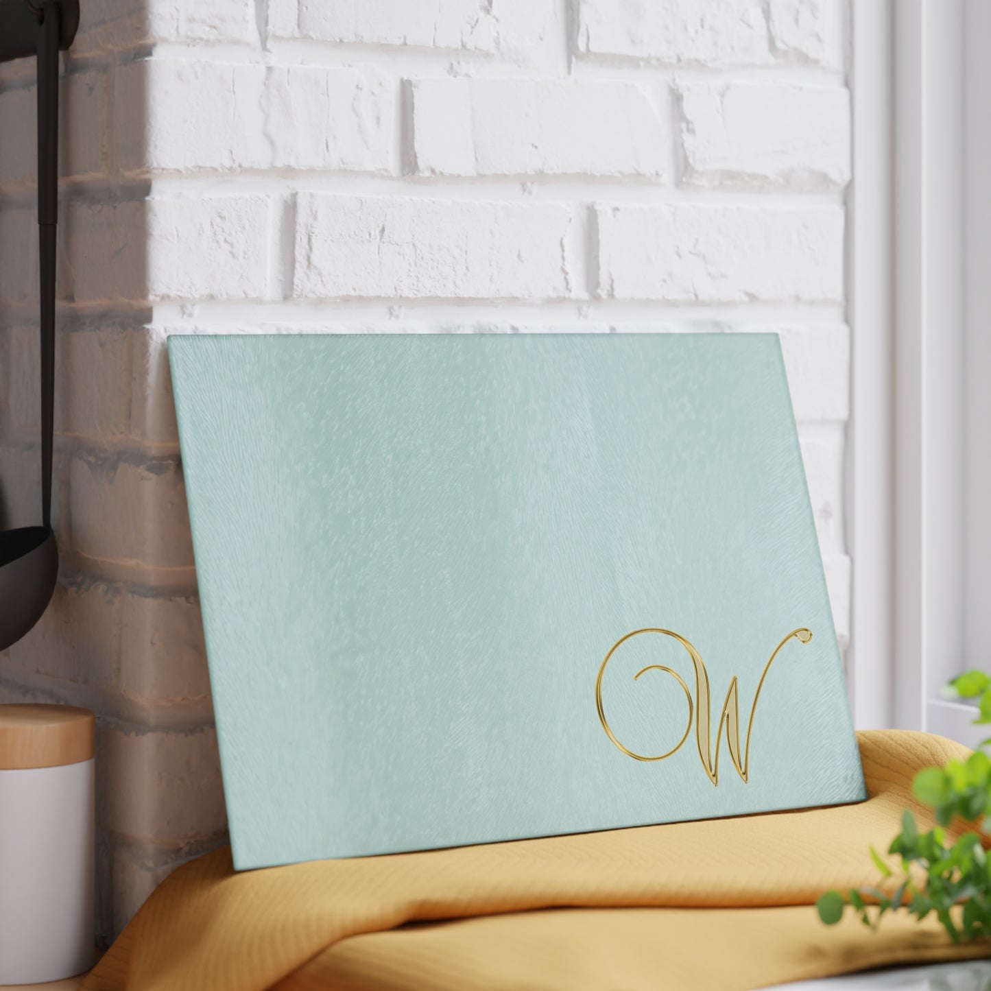 Monogram Glass Cutting Board - Elegant Mint with Gold Script "W"