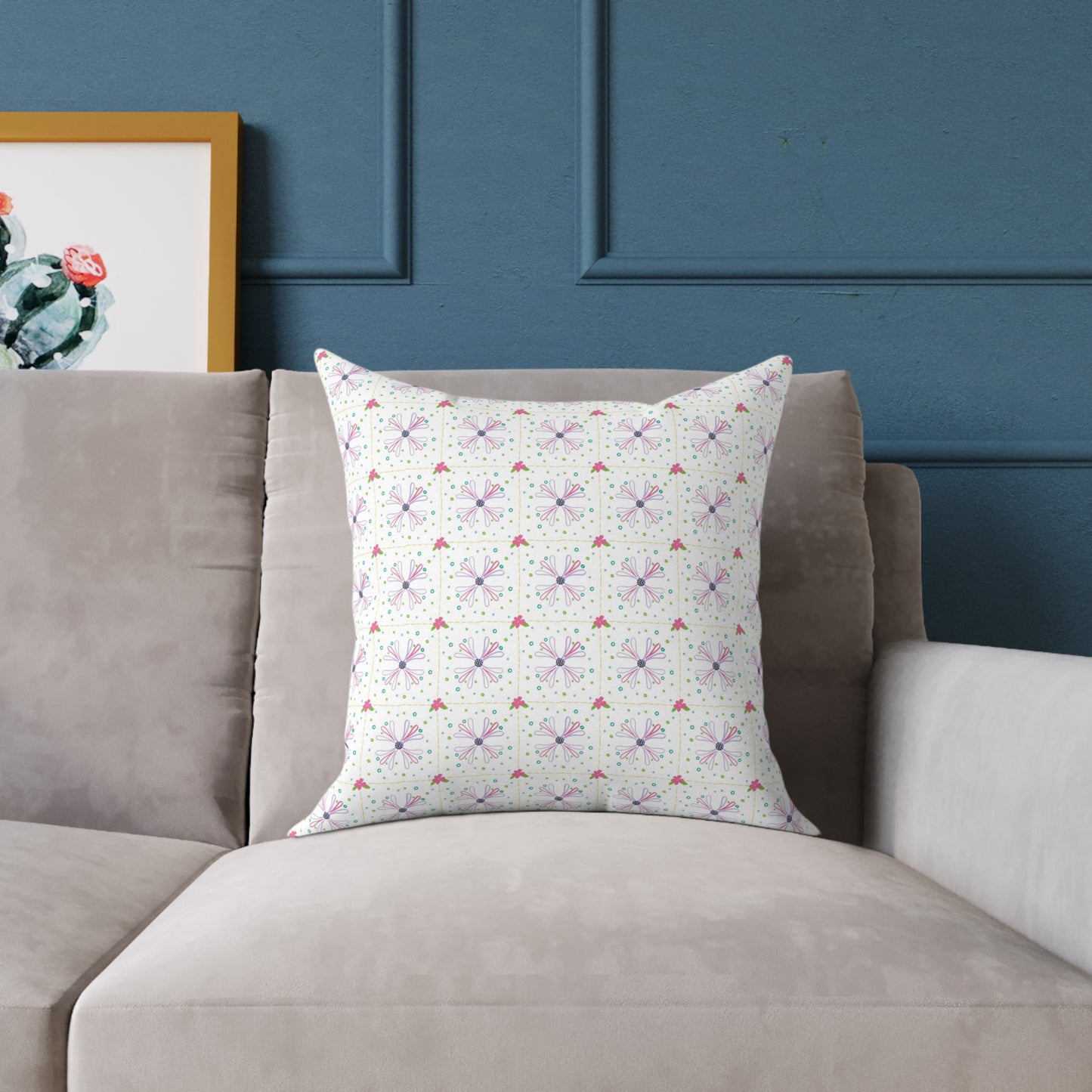 Floral Geometric Square Pillow – Pink & Lavender Patterned Throw Cushion