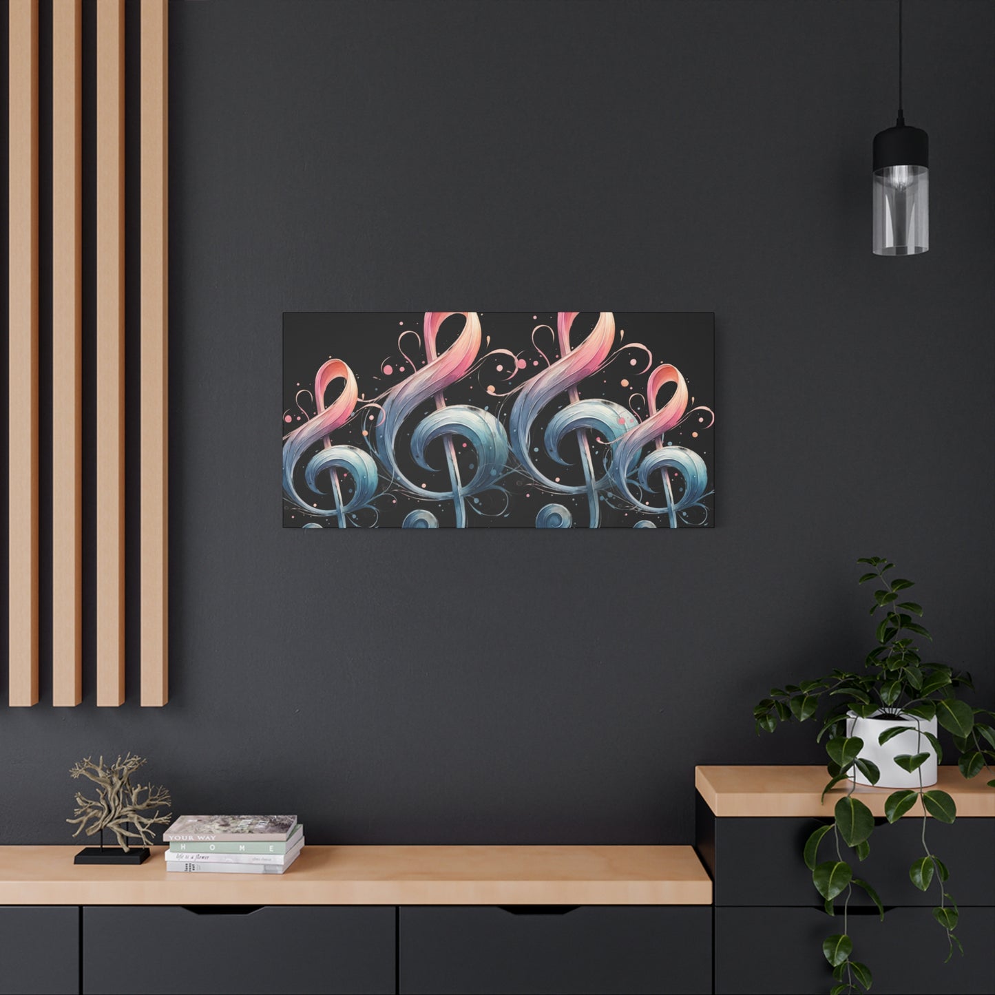 Musical Treble Clef Canvas Wall Art — Pastel Ribbon Notes on Black