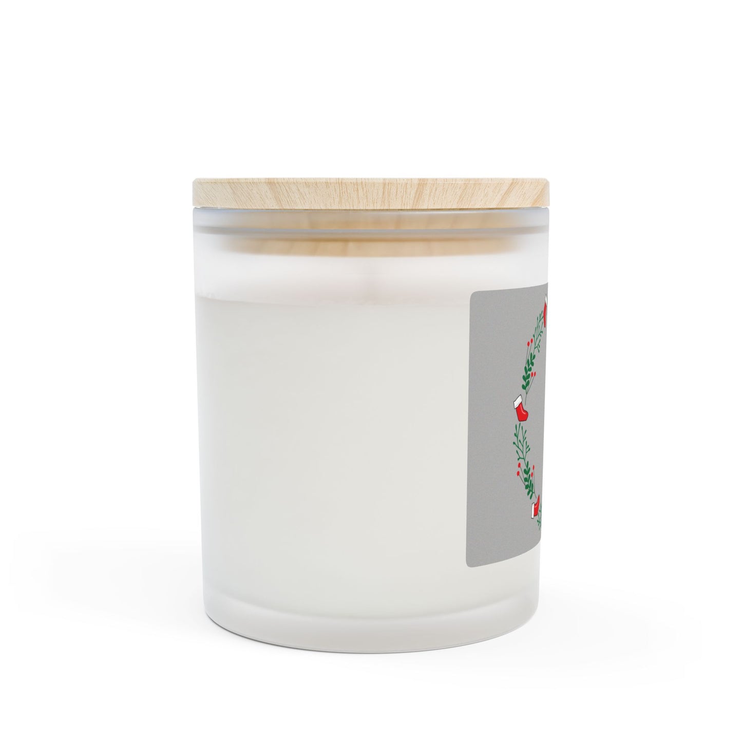 Holiday Wreath Frosted Glass Candle — 11oz Christmas Soy Candle with Wooden Lid