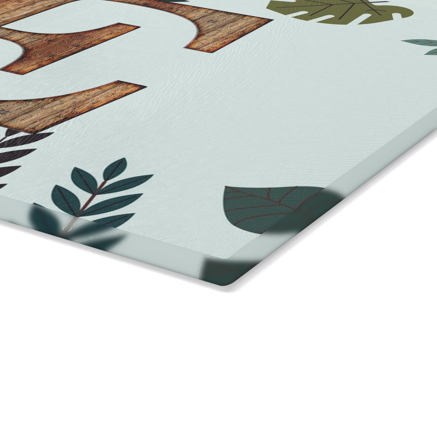 Monogram Glass Cutting Board — Rustic Wood ‘E’ with Tropical Leaf Border