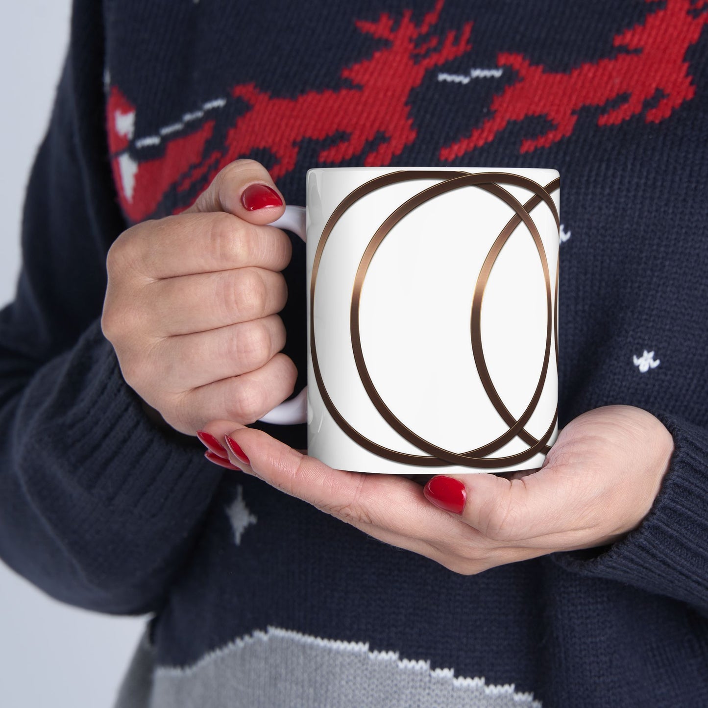 Modern Geometric Ceramic Mug — Bronze Interlocking Circle Pattern (11oz & 15oz)
