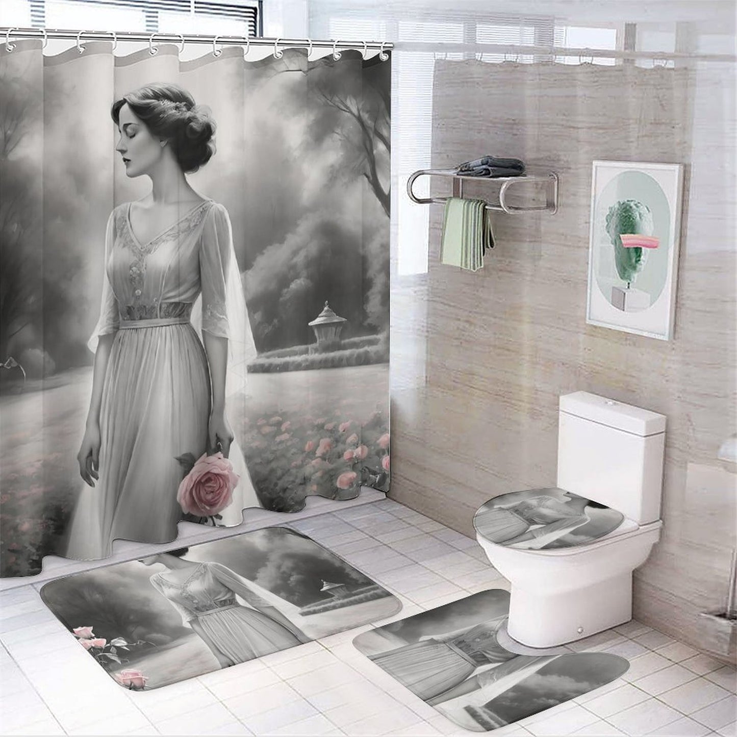 Shower Curtain Set with 3 Rugs