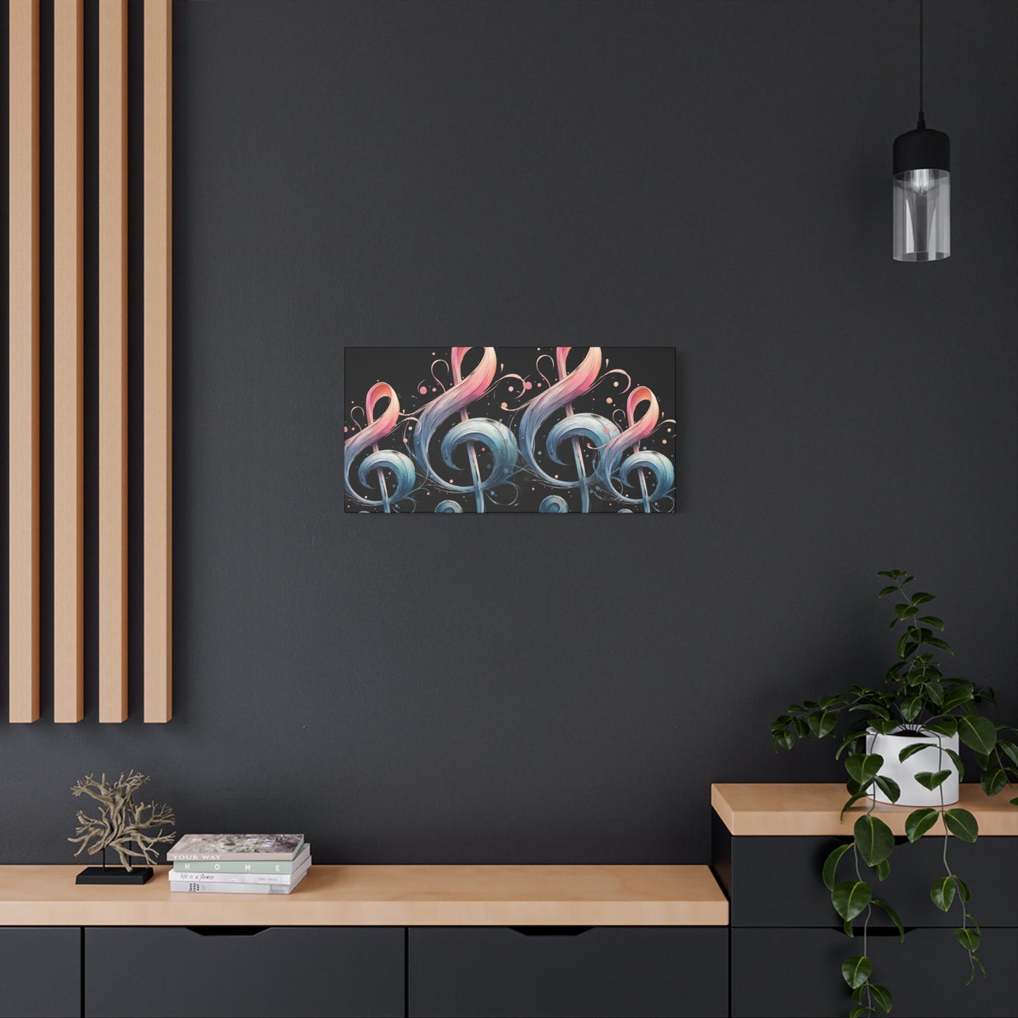 Musical Treble Clef Canvas Wall Art — Pastel Ribbon Notes on Black