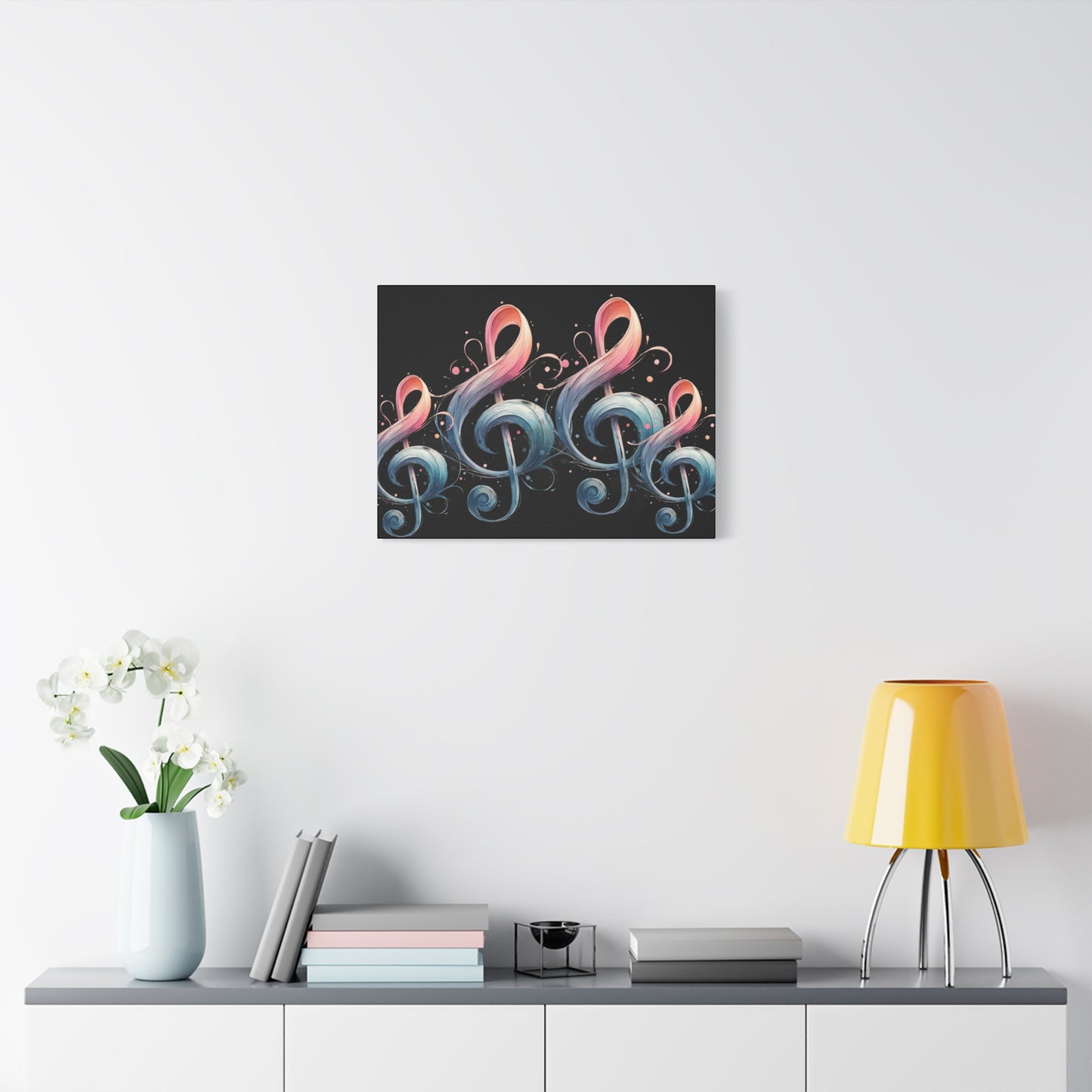 Musical Treble Clef Canvas Wall Art — Pastel Ribbon Notes on Black