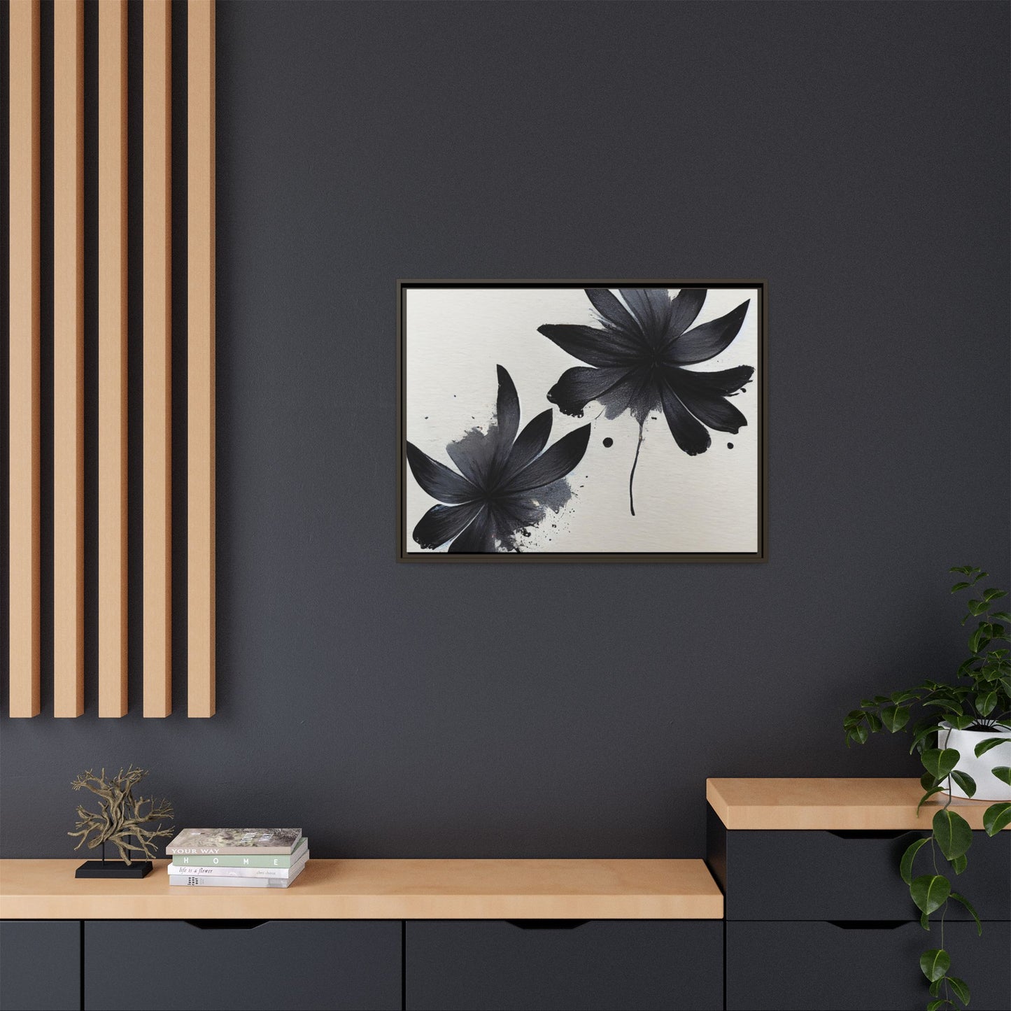 Framed Black Floral Matte Canvas Wall Art — Monochrome Botanical Print