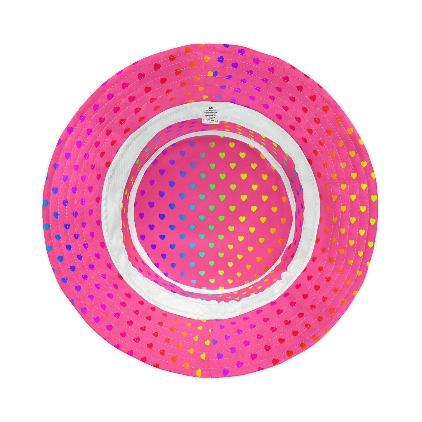Pink Rainbow Heart Bucket Hat — Colorful Polka Dot Summer Sun Hat