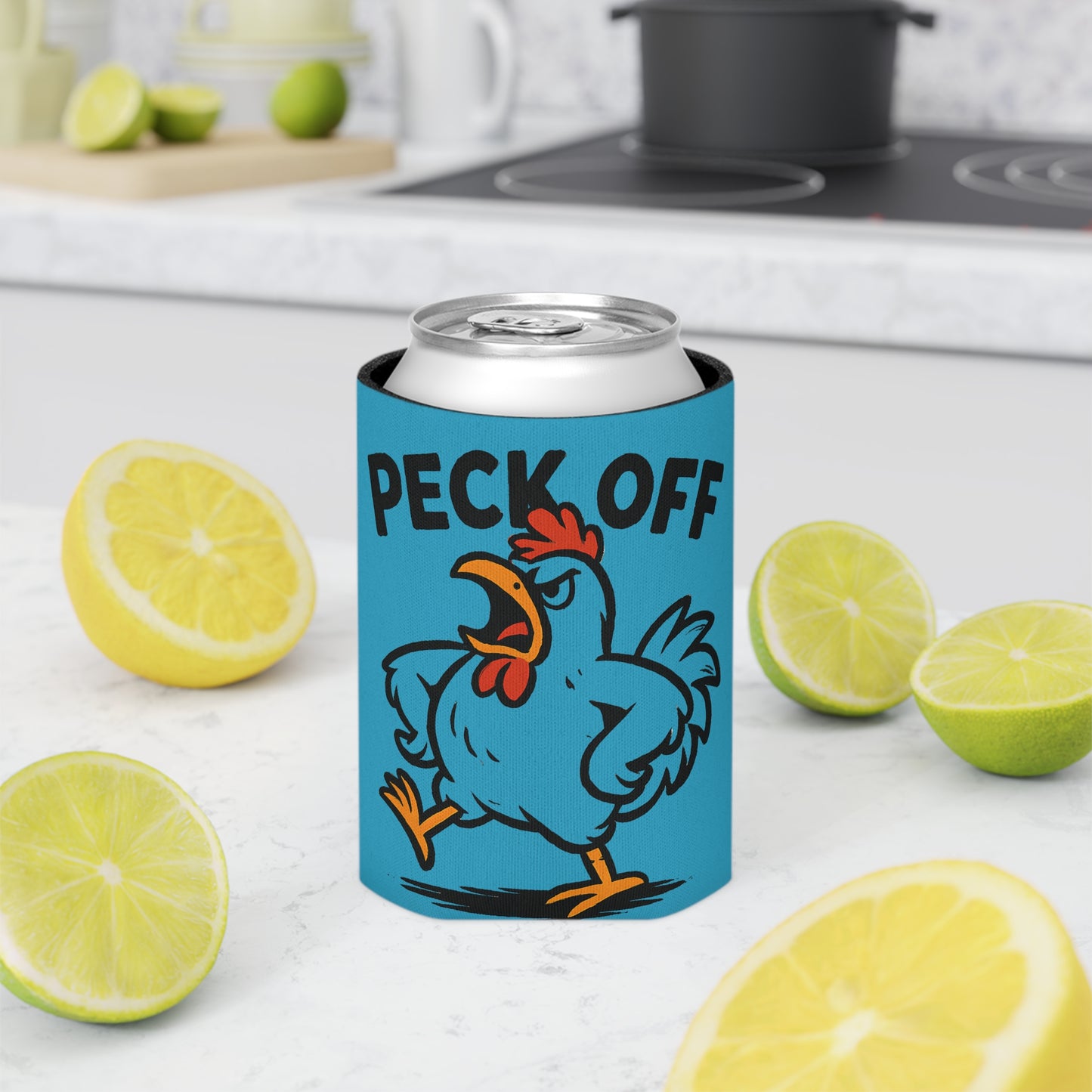 Can Cooler – 'Peck Off' Angry Rooster Drink Holder (Funny Farm Animal Koozie)