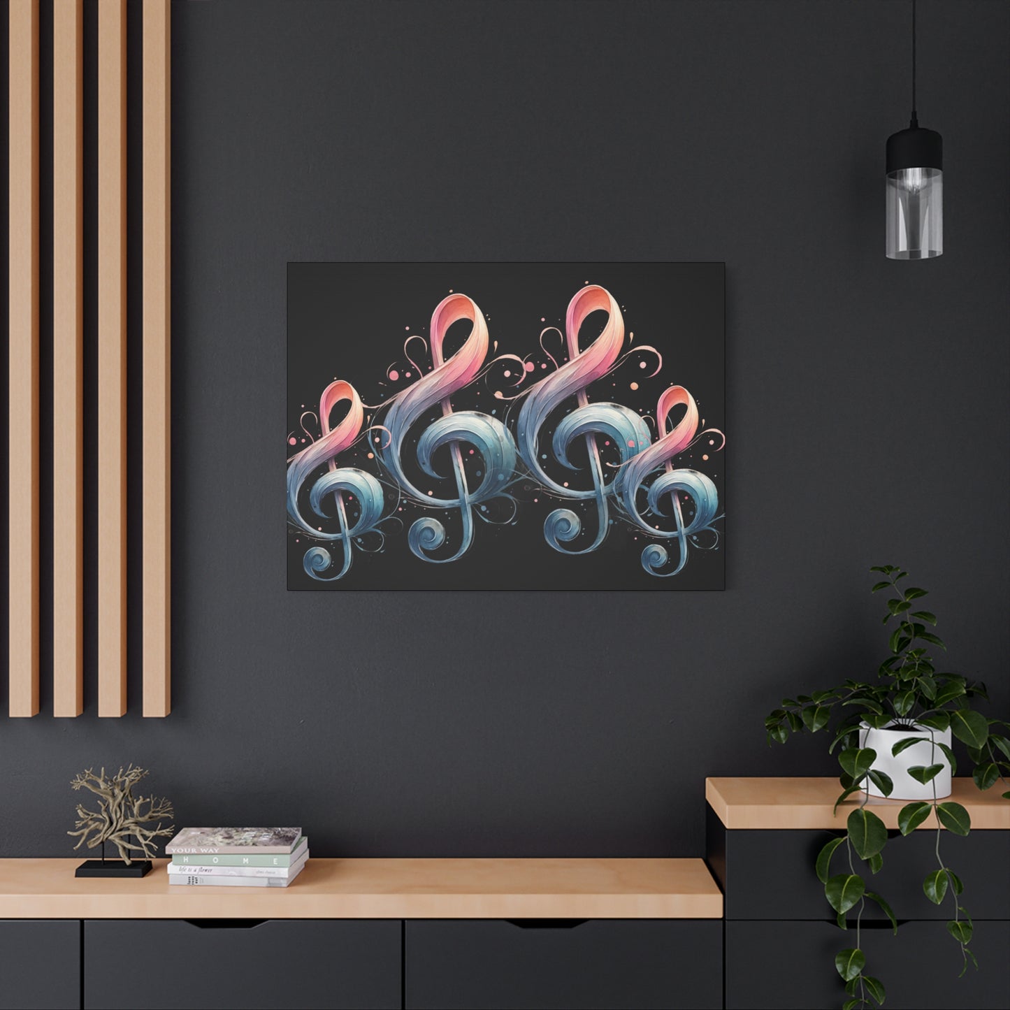 Musical Treble Clef Canvas Wall Art — Pastel Ribbon Notes on Black