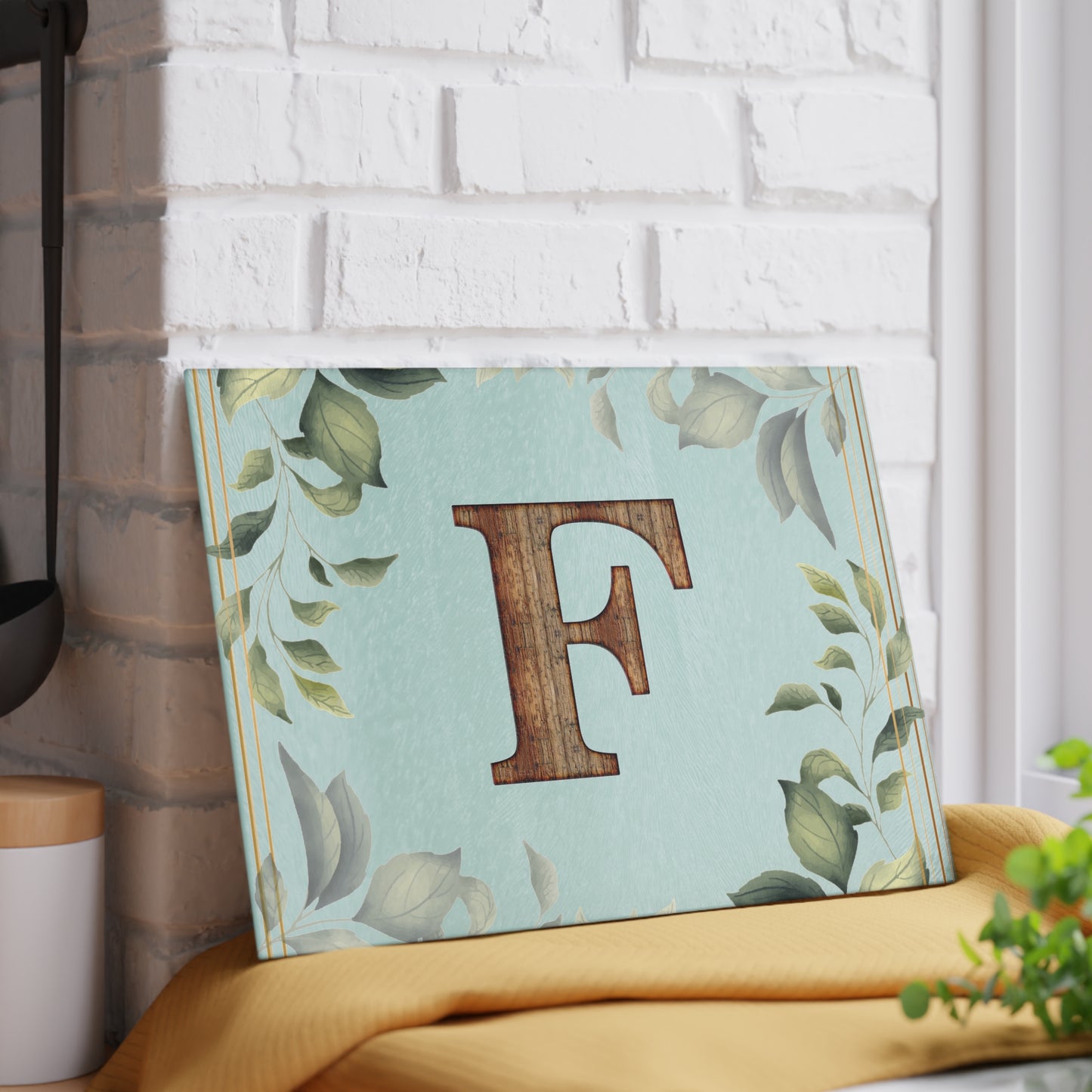 Monogram Glass Cutting Board – Rustic Wood 'F' with Greenery Border
