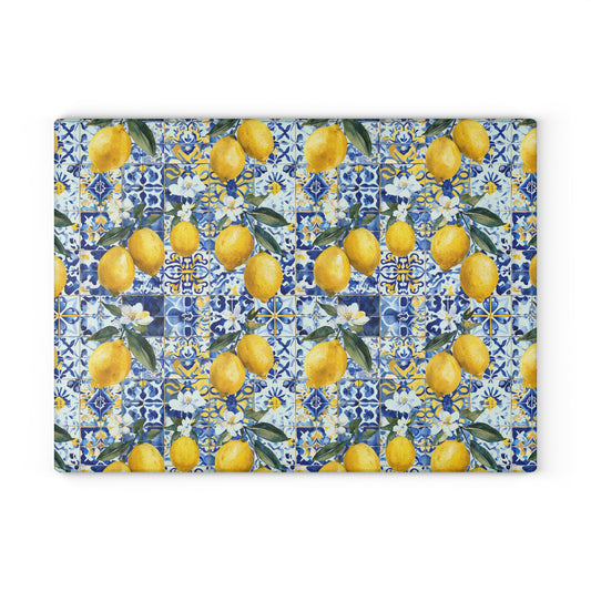 Lemon Tile Glass Cutting Board – Mediterranean Citrus Kitchen Decor
