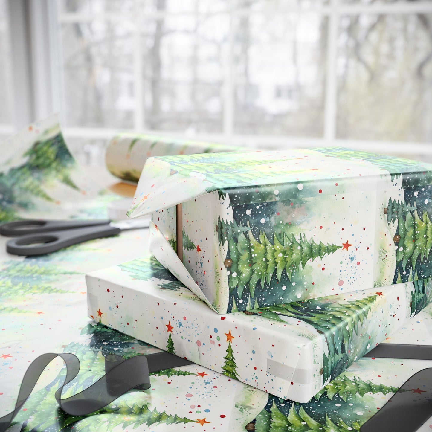 Holiday Christmas Tree Wrapping Paper Roll — Festive Green Pine Pattern for Gifts
