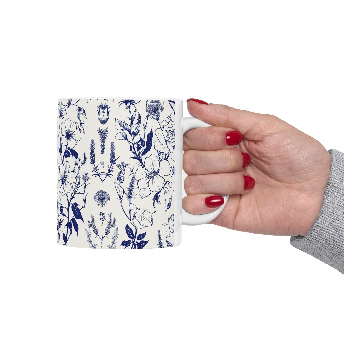 Blue Floral Ceramic Mug — Vintage Navy Botanical Coffee Cup (11oz, 15oz)