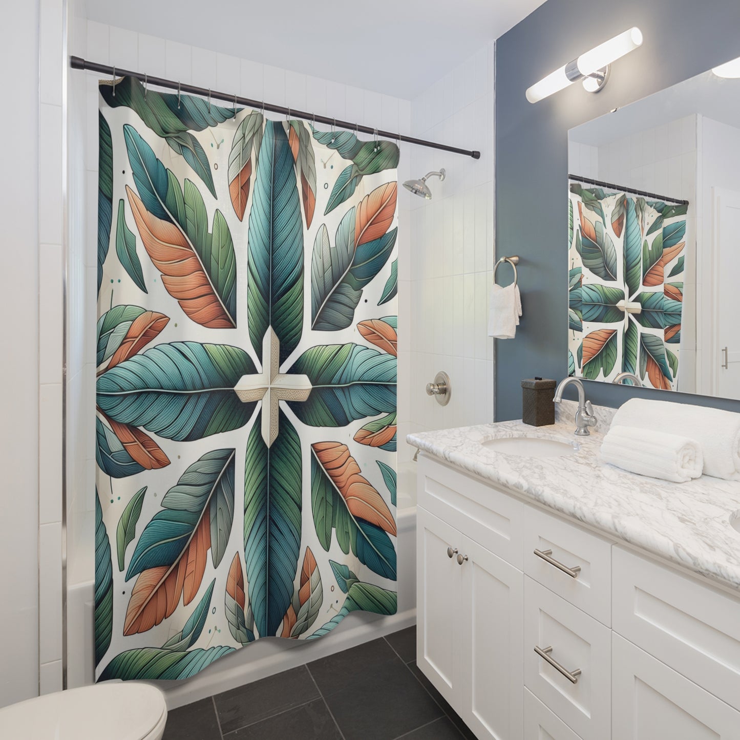 Tropical Leaf Shower Curtain — Boho Green & Terracotta Botanical Bathroom Decor