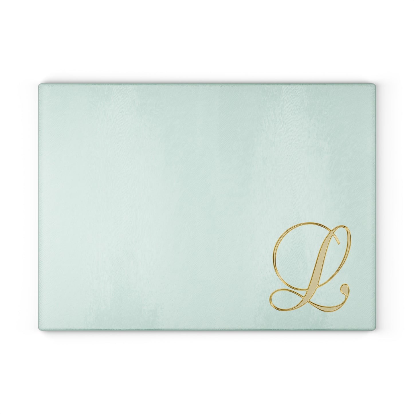 Monogram Glass Cutting Board – Mint with Gold Script 'L'