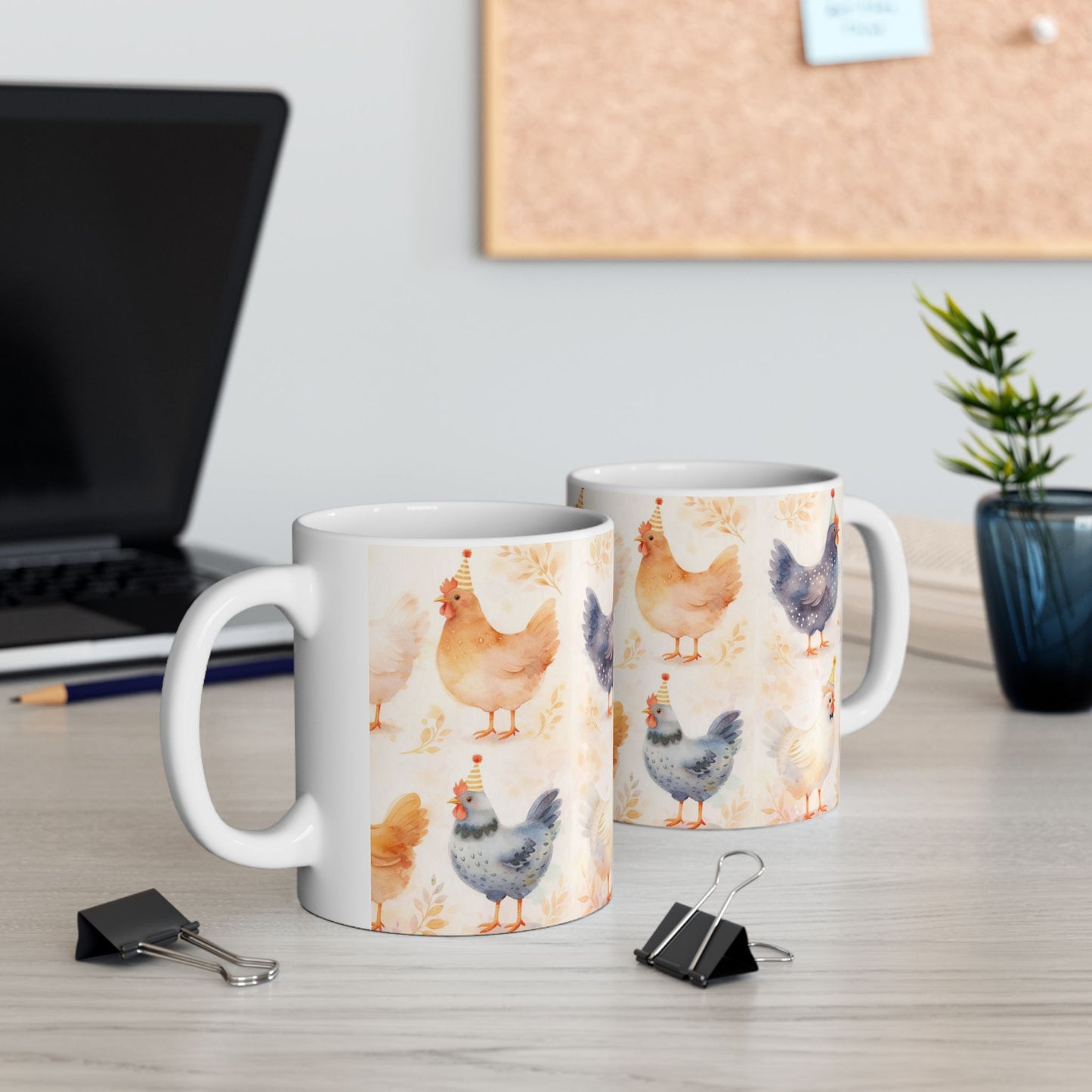 Cute Farm Chicken Mug — Watercolor Hens with Party Hats (11oz, 15oz)