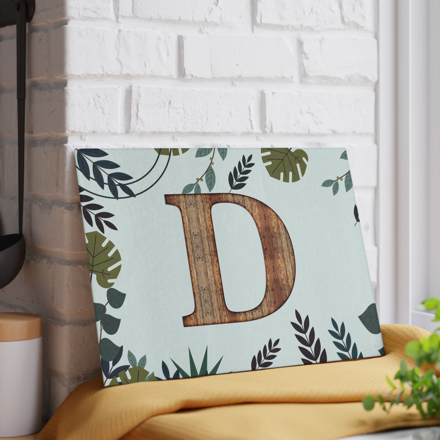 Monogram D Wood Letter Glass Cutting Board – Botanical Initial Kitchen Decor