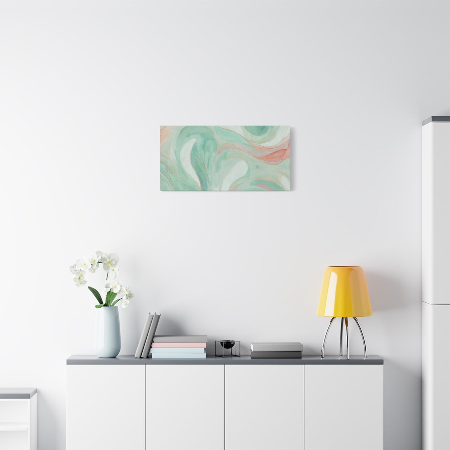 Abstract Green Marble Canvas Print — Teal & Coral Swirl Wall Art