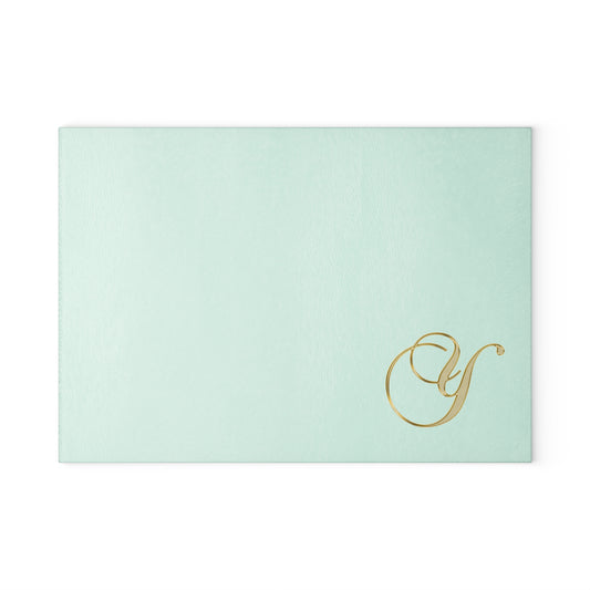 Mint Glass Cutting Board with Gold Monogram Letter 'Y' – Elegant Kitchen Prep Board, Gift for Brides & Housewarmings