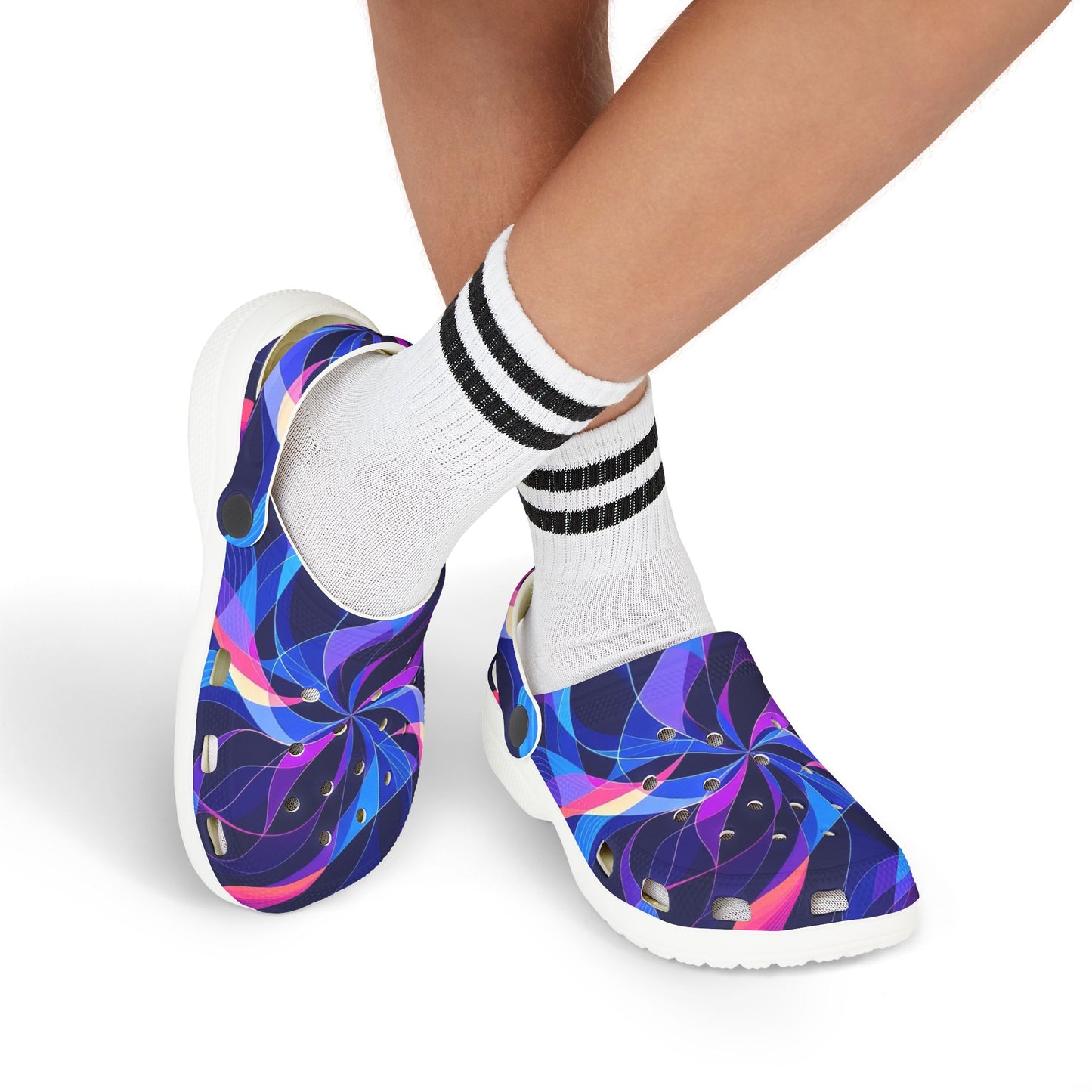 Kids Swirl Pattern EVA Foam Clogs — Colorful Neon Pinwheel Slip-Ons