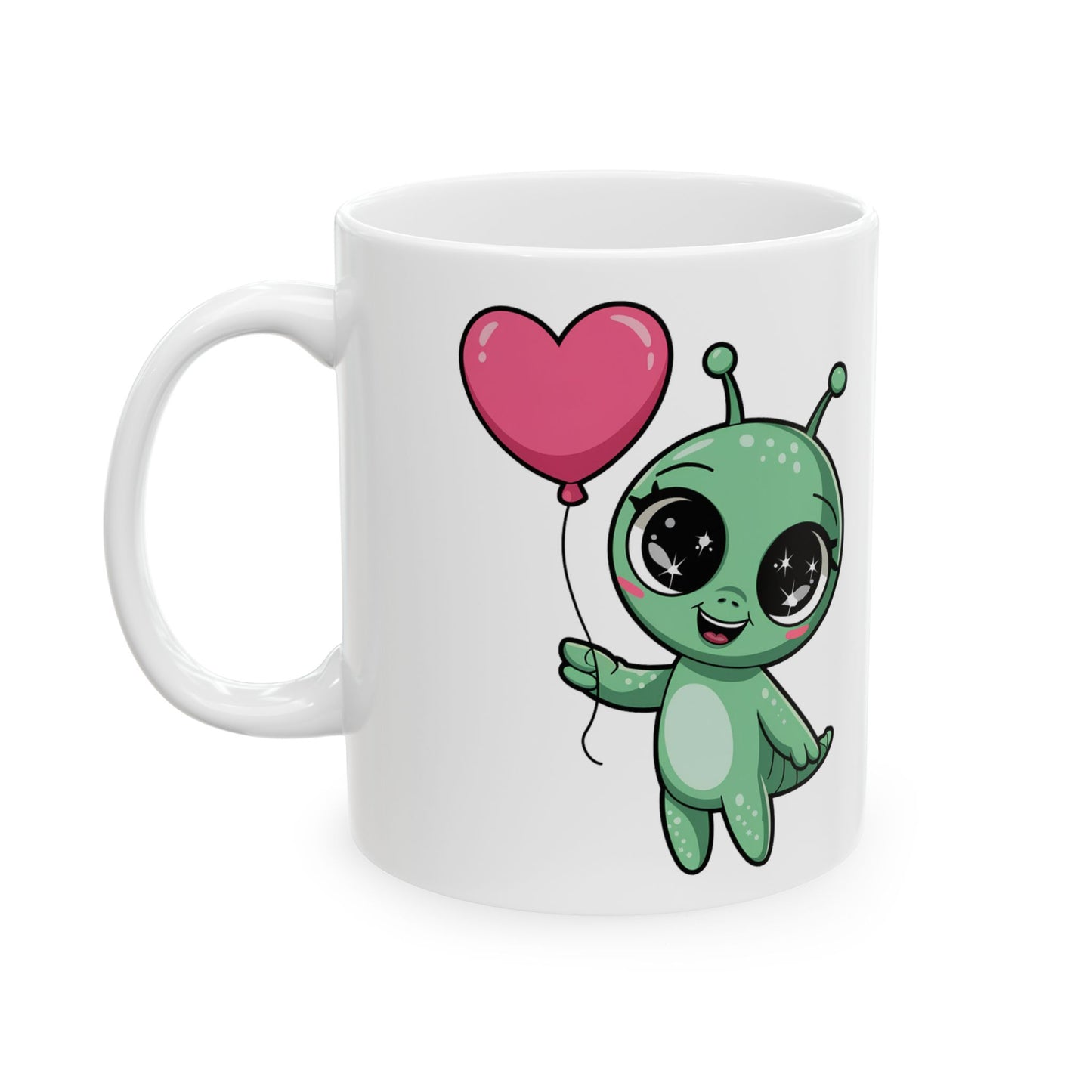 Cute Alien Holding Heart Balloon Ceramic Mug — 11oz & 15oz Gift Mug