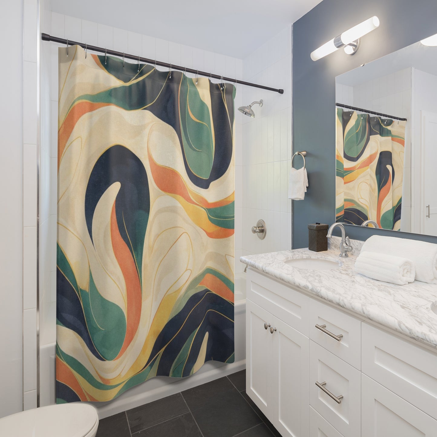 Shower Curtain — Retro Abstract Swirl Bathroom Curtain, Mid-Century Wave Pattern in Teal, Navy & Mustard